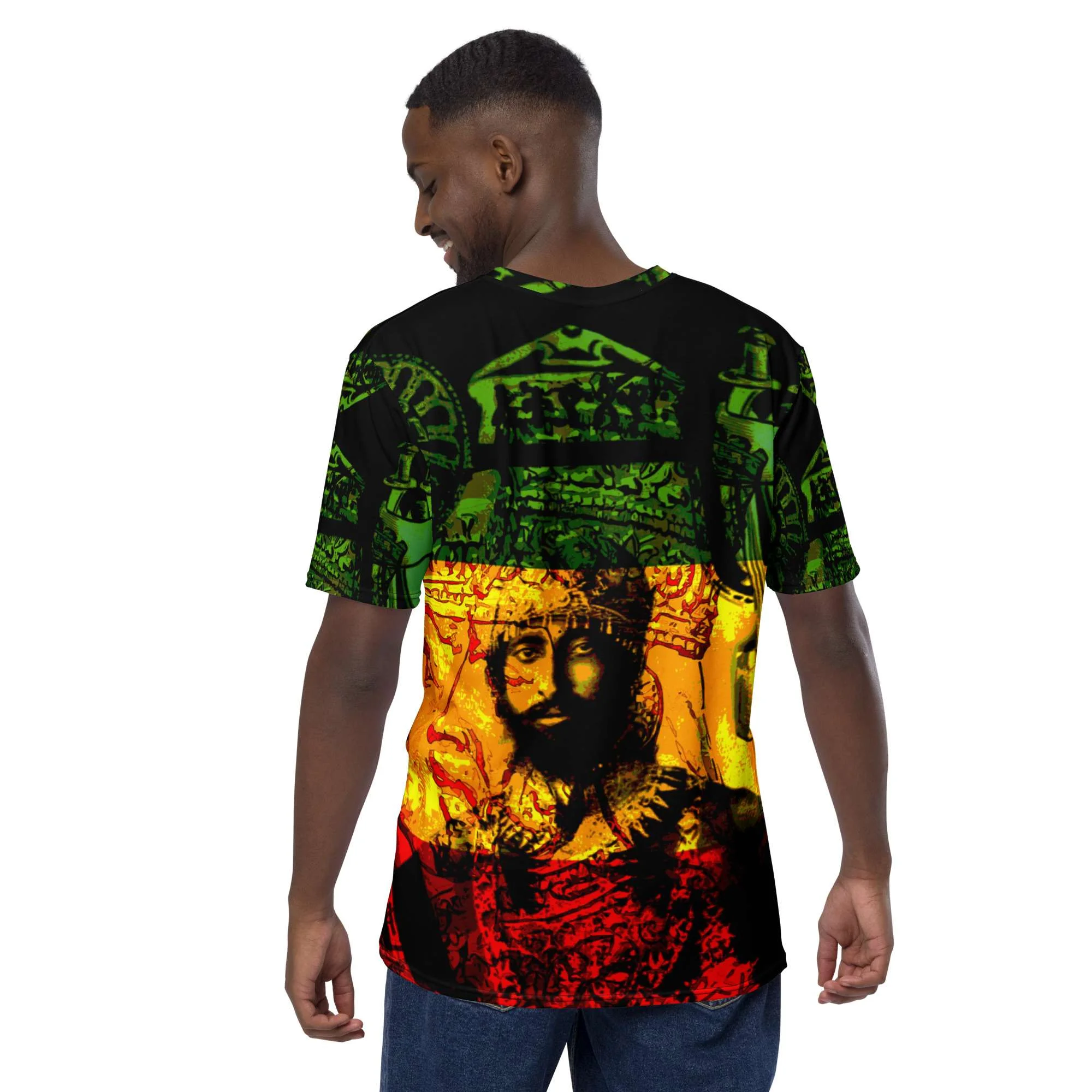 Natural Mystic Haile Selassie Men's t-shirt back view in vibrant mystical design. Original Rastafarian merchandise from Rastaseed online Rasta clothing store.