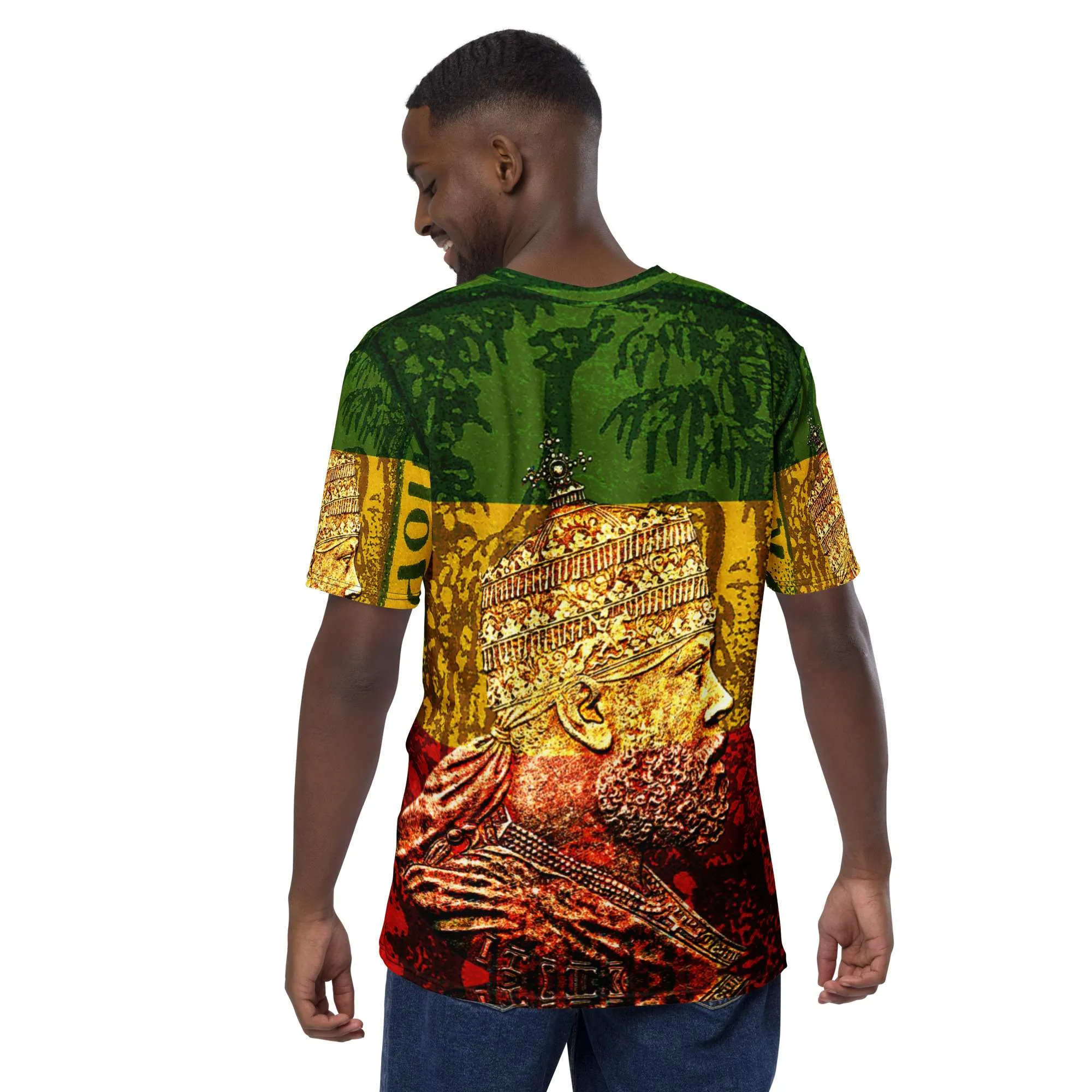 Menelik Men's t-shirt Emperor of Ethiopia back view. Original designs from Rastaseed online Rastafarian clothing, merchandise and accessories.