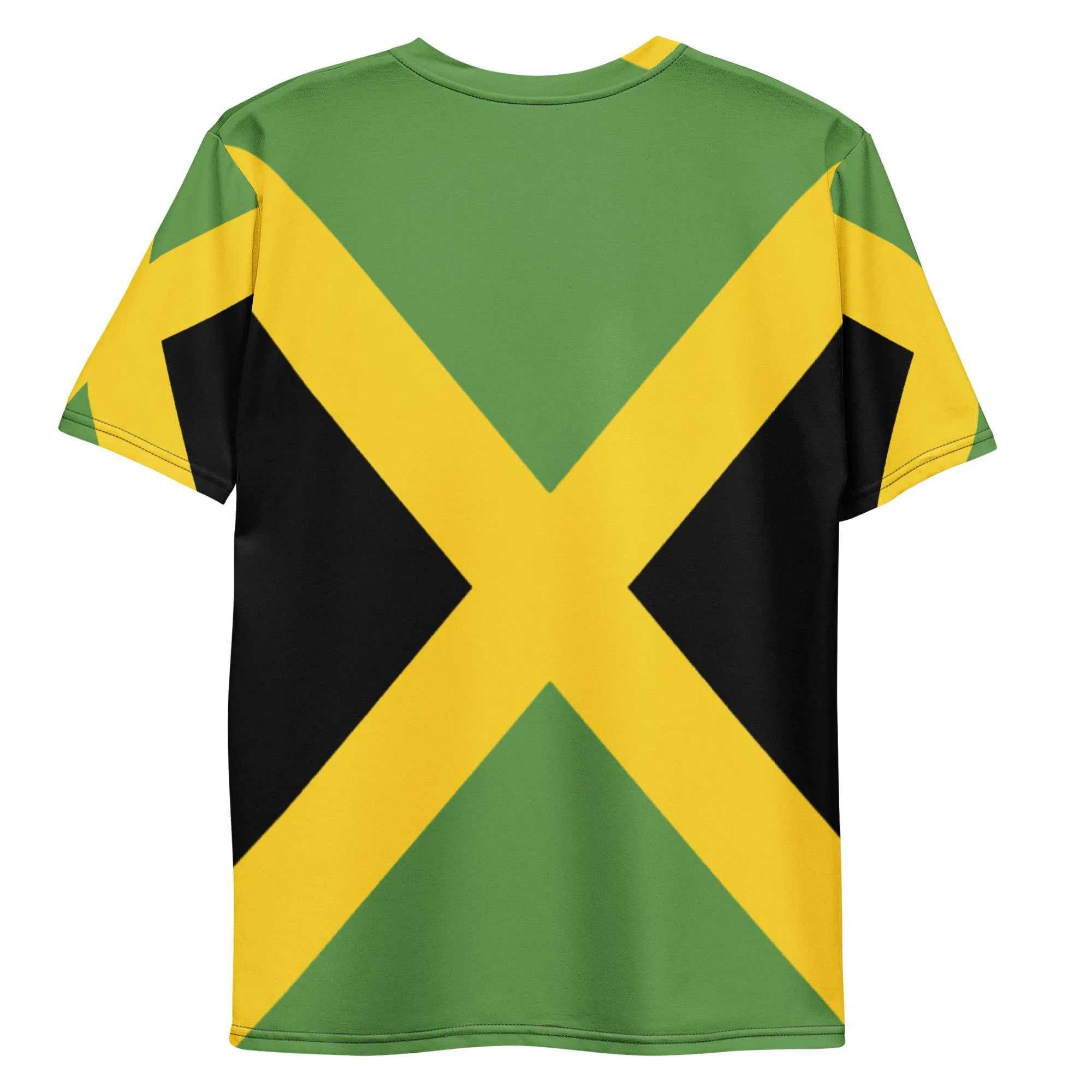 Jamaican Lion Men's t-shirt back flat view with Jamaican colors and bold Lion Design. Rastaseed Jamaican merchandise and clothing store.