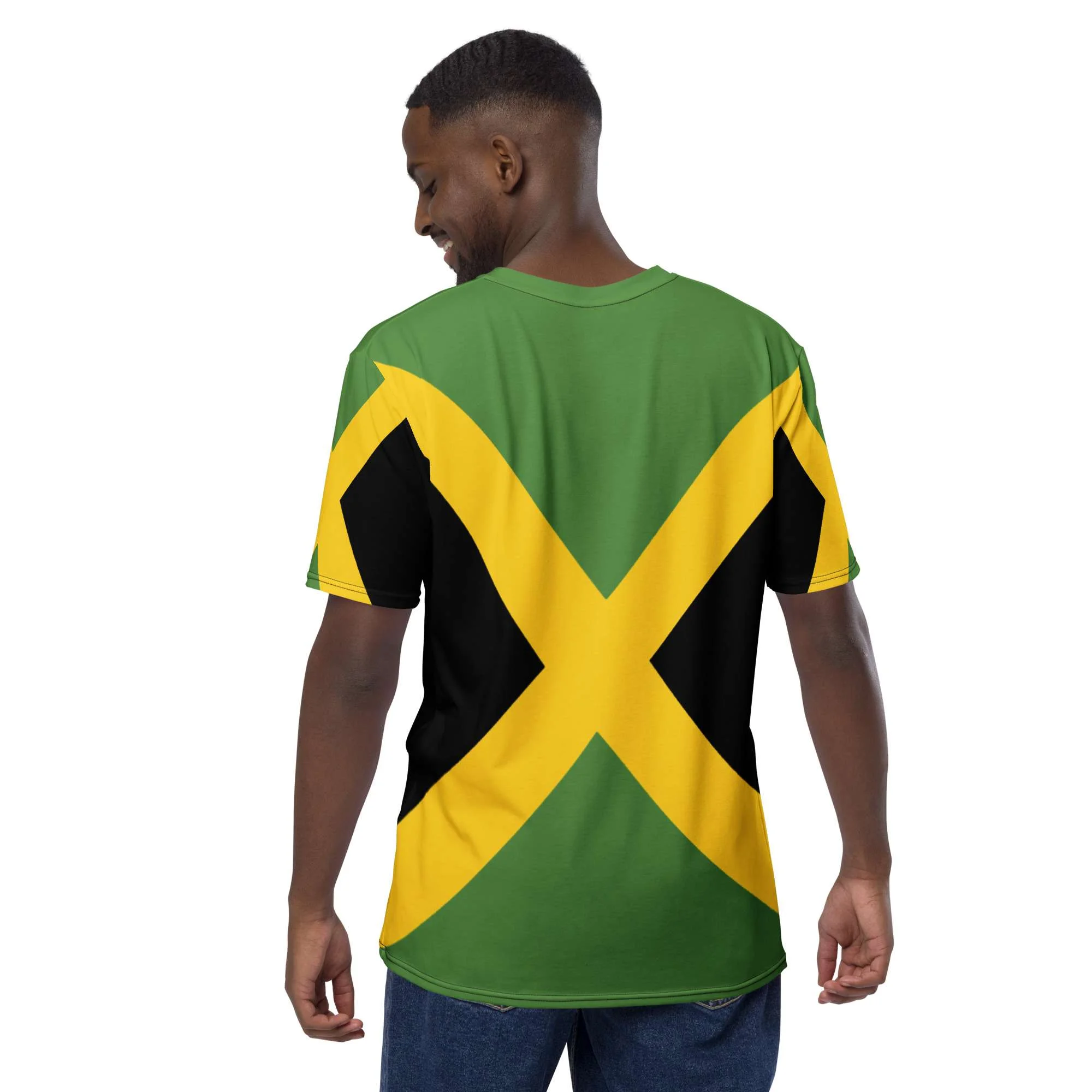 Jamaican Lion Men's t-shirt back view with Jamaican colors and bold Lion Design. Rastaseed Jamaican merchandise and clothing store.