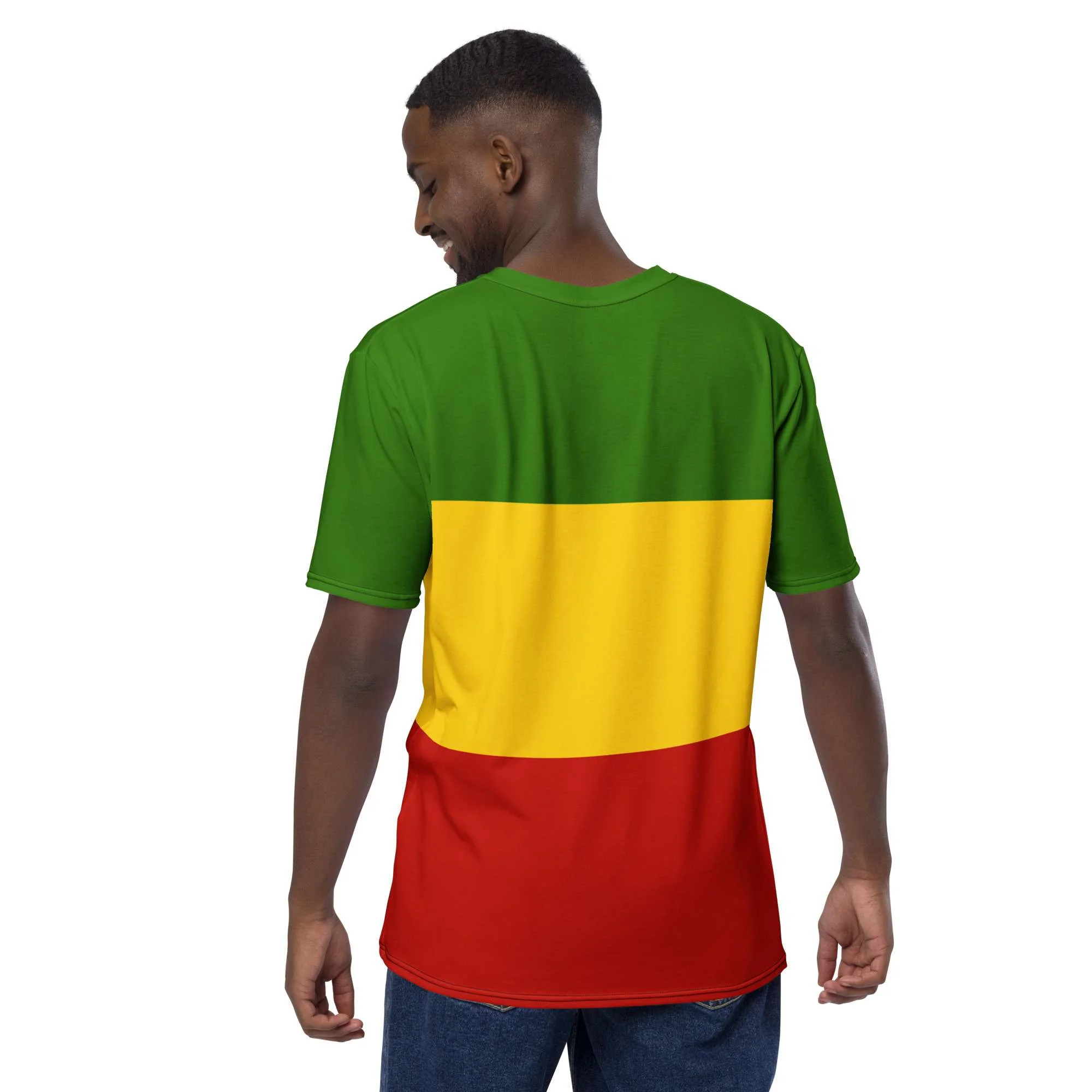 Conquering Lion of Judah Men's t-shirt back view in the Rasta colors featuring bold Lion of Judah design. Original merchandise from Rasta clothing shop.
