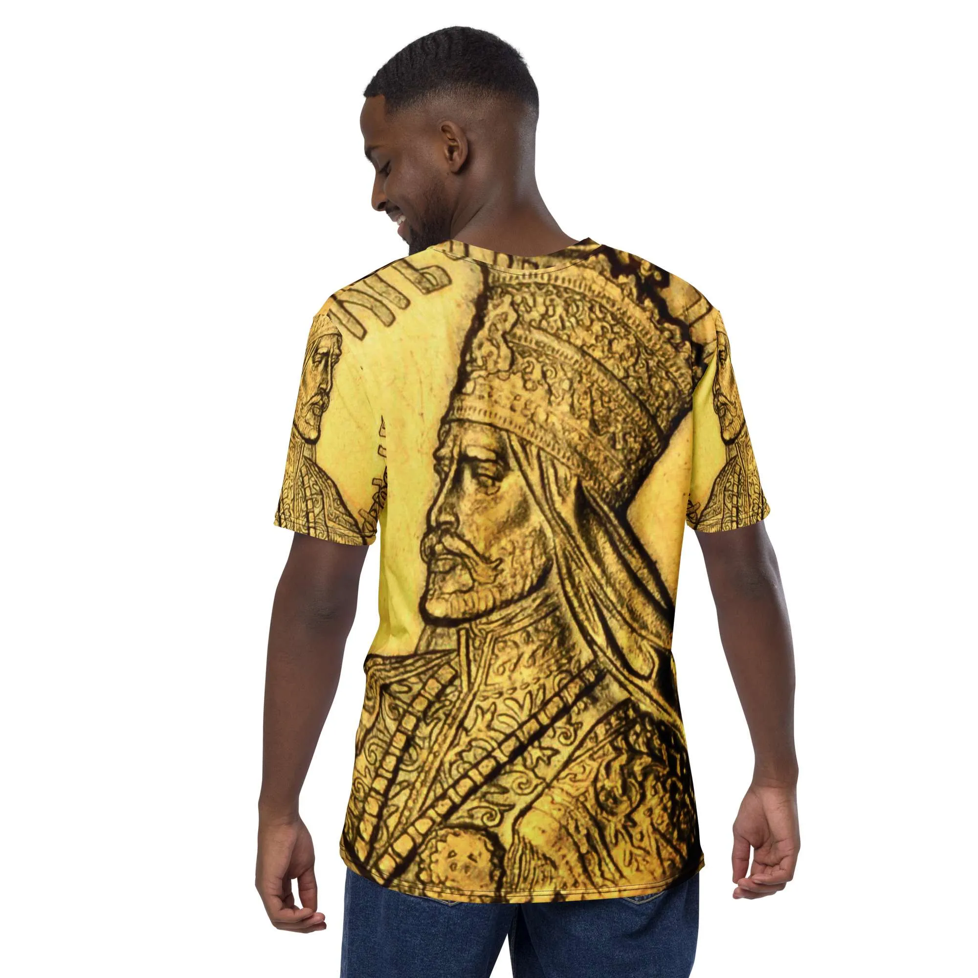 Selassie I Men's t-shirt in Gold design back view. Make a statement with Rastafarian Merchandise from Rastaseed online clothing store.