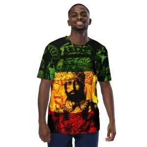 Natural Mystic Haile Selassie Men's t-shirt feature front view in vibrant mystical design. Original Rastafarian merchandise from Rastaseed online Rasta clothing store.