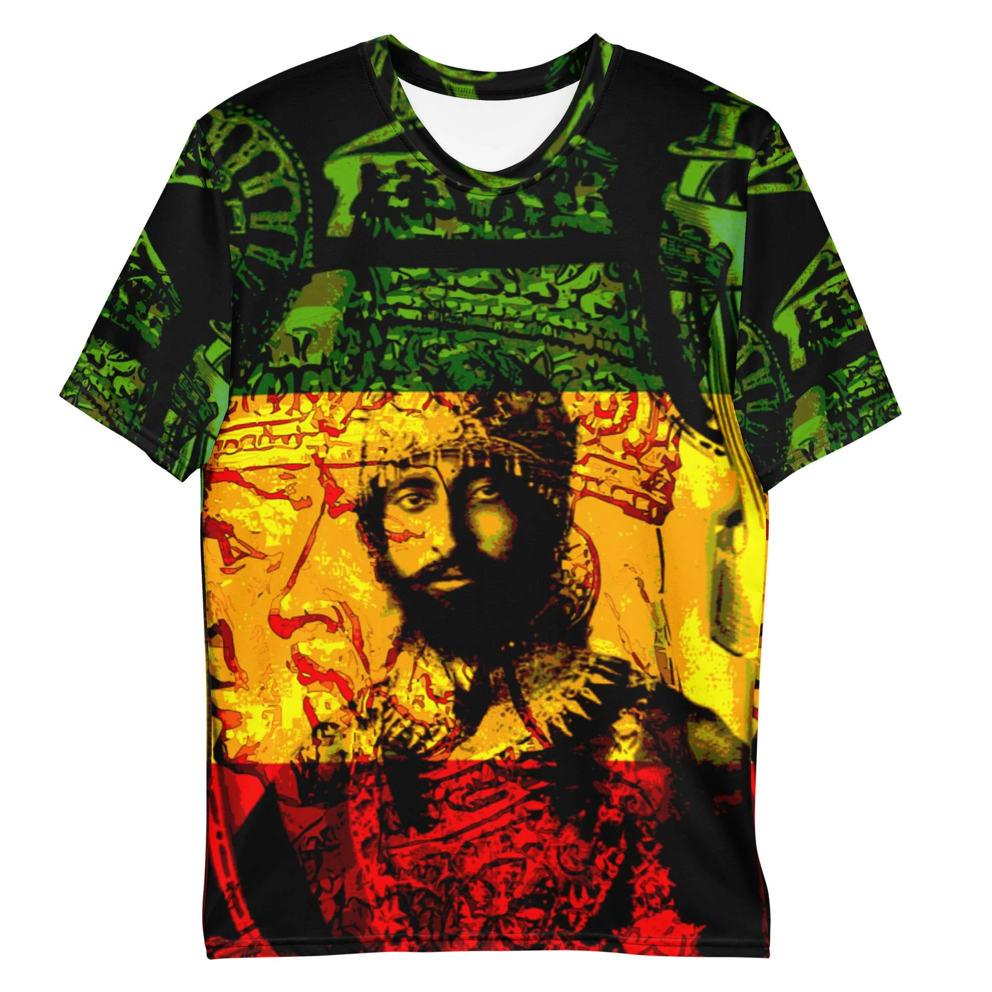 Natural Mystic Haile Selassie Men's t-shirt flat front view in vibrant mystical design. Original Rastafarian merchandise from Rastaseed online Rasta clothing store.