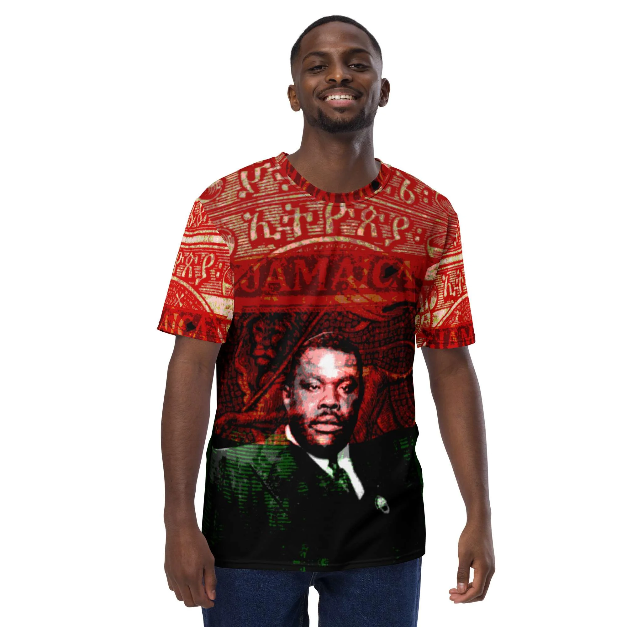 Garvey Revolutionary Men's t-shirt feature front view. Jamaican freedom fighter. Make a statement with this authentic original t-shirt from Rastaseed Rasta clothing store.