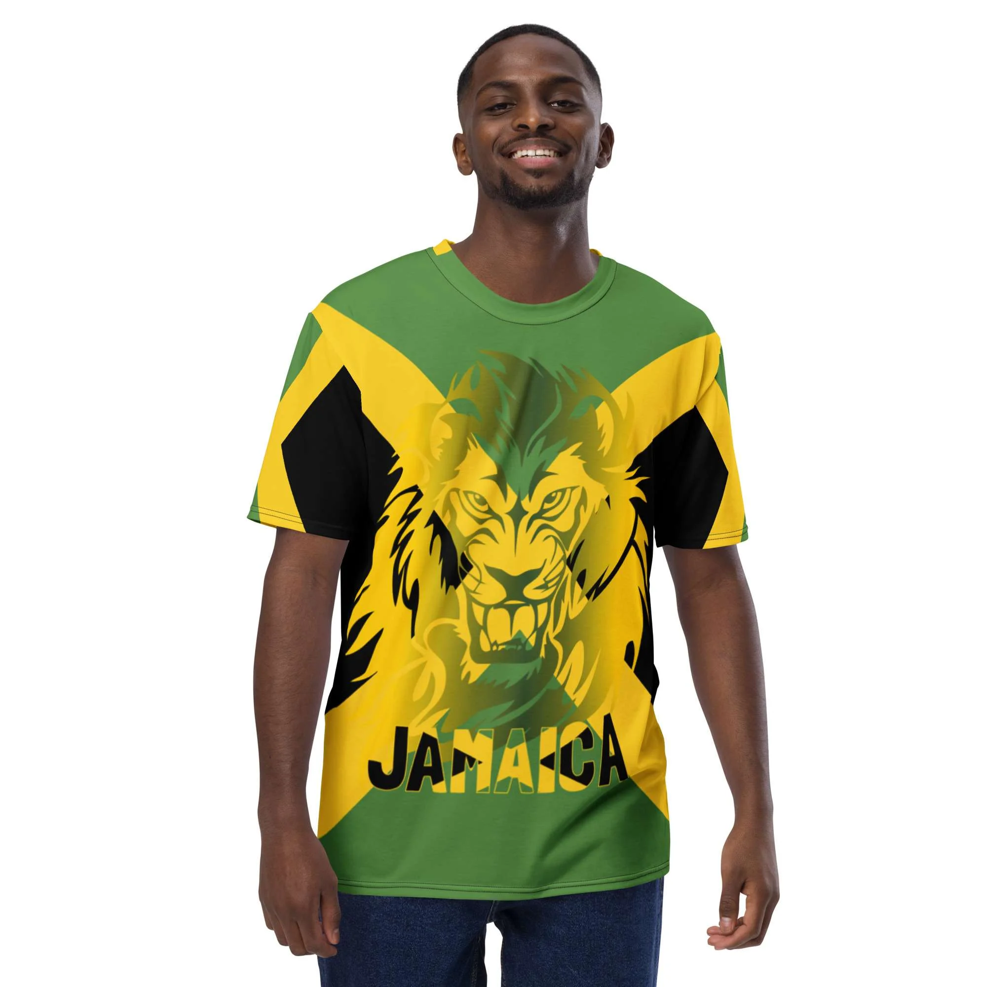 Jamaican Lion Men's t-shirt feature front view with Jamaican colors and bold Lion Design. Rastaseed Jamaican merchandise and clothing store.