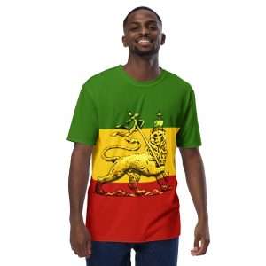 Conquering Lion of Judah Men's t-shirt feature front view in the Rasta colors featuring bold Lion of Judah design. Original merchandise from Rasta clothing shop.
