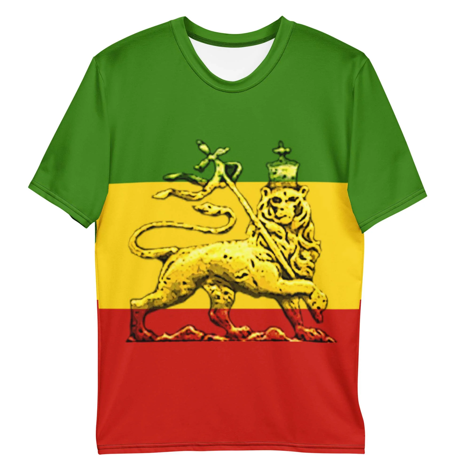 Conquering Lion of Judah Men's t-shirt front view in the Rasta colors featuring bold Lion of Judah design. Original merchandise from Rasta clothing shop.