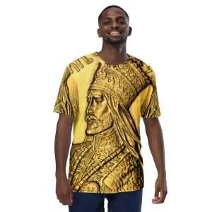 Selassie I Men's t-shirt in Gold design feature front view. Make a statement with Rastafarian Merchandise from Rastaseed online clothing store.