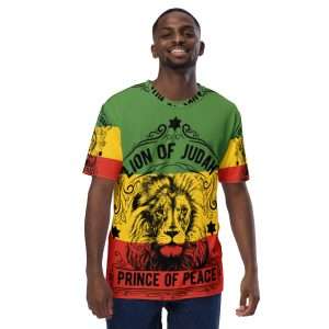 Lion of Judah Prince of Peace Men's t-shirt feature front view in the Rasta colors with Lion of Judah Original design from Rastaseed Online Clothing Store.