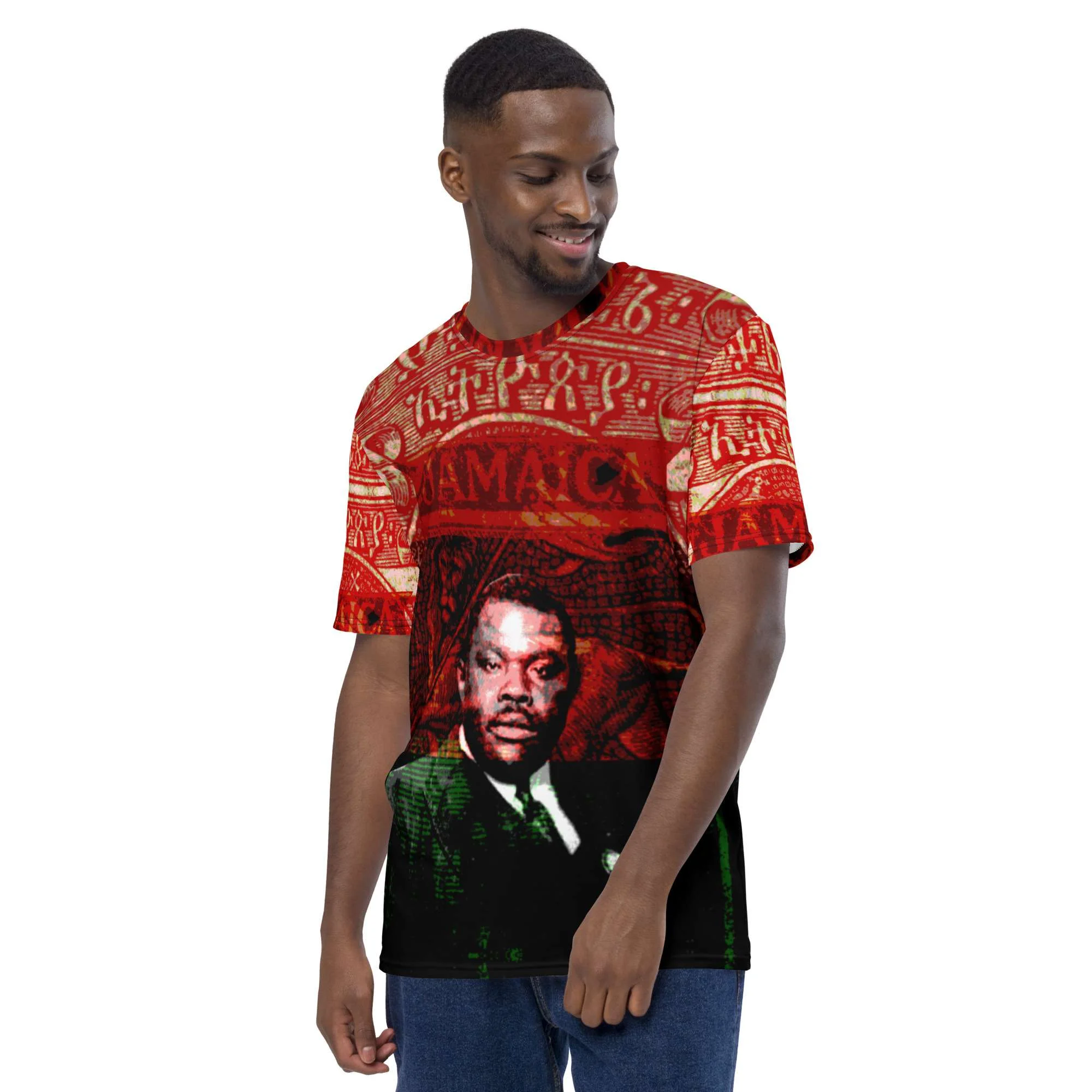 Garvey Revolutionary Men's t-shirt left front view. Jamaican freedom fighter. Make a statement with this authentic original t-shirt from Rastaseed Rasta clothing store.