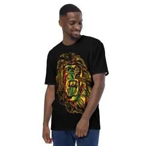 Rasta Lion Men's t-shirt in abstract lion design in red gold and green feature front view. Bold design from Rastaseed online Rasta clothing shop.