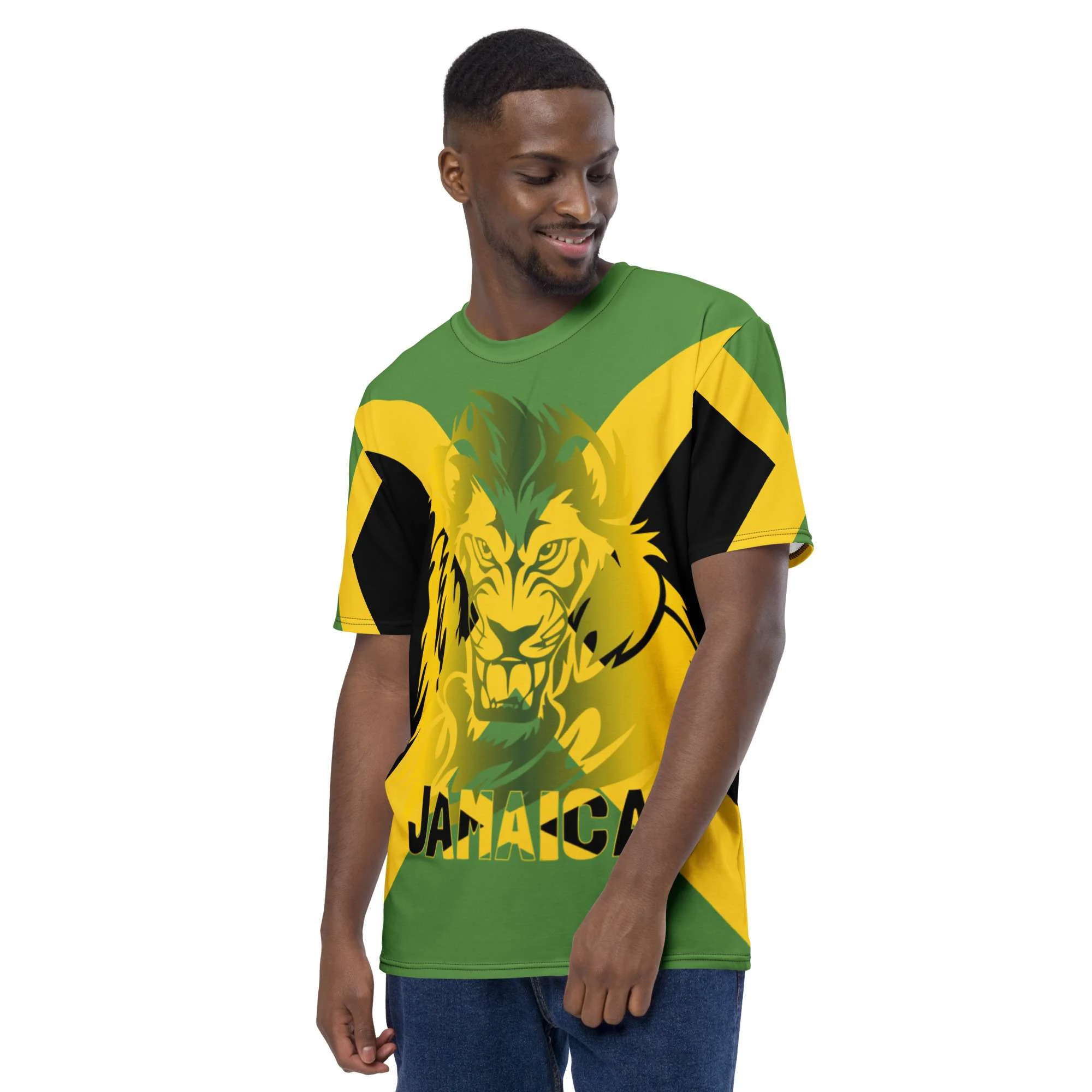 Jamaican Lion Men's t-shirt front left view with Jamaican colors and bold Lion Design. Rastaseed Jamaican merchandise and clothing store.