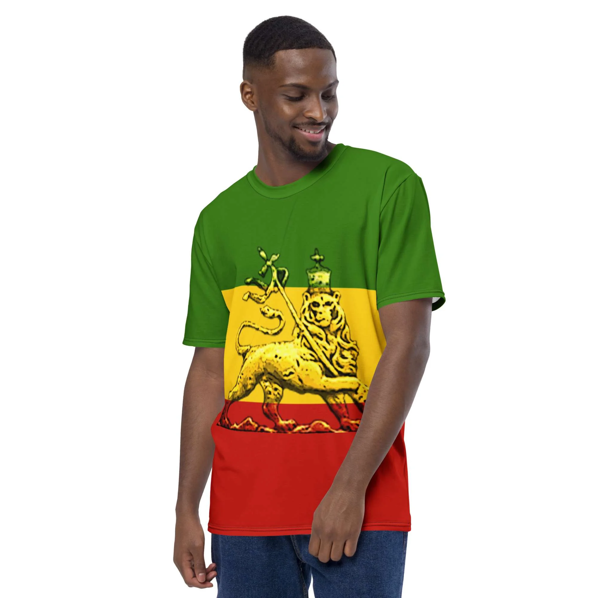 Conquering Lion of Judah Men's t-shirt front left view in the Rasta colors featuring bold Lion of Judah design. Original merchandise from Rasta clothing shop.