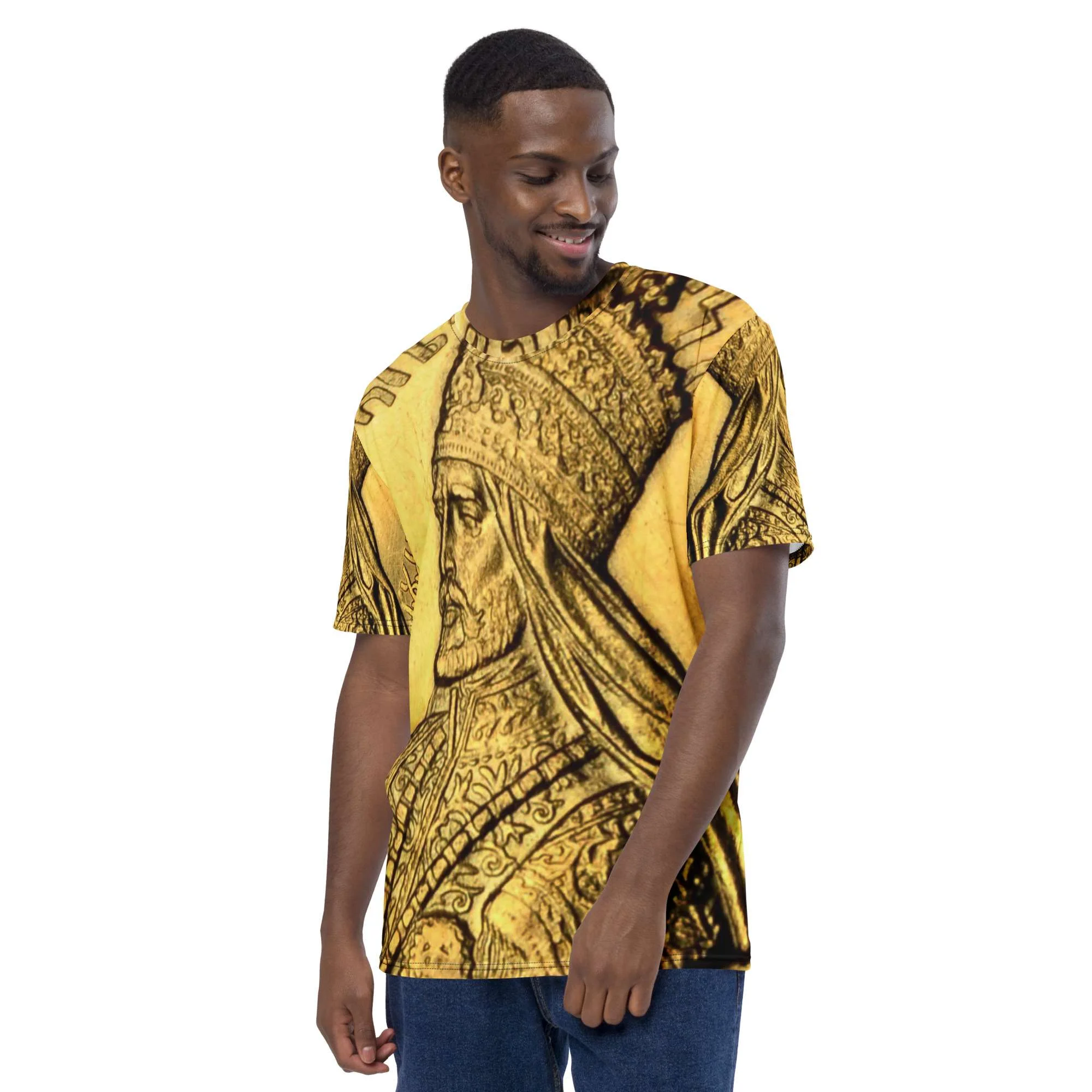Selassie I Men's t-shirt in Gold design left front view. Make a statement with Rastafarian Merchandise from Rastaseed online clothing store.
