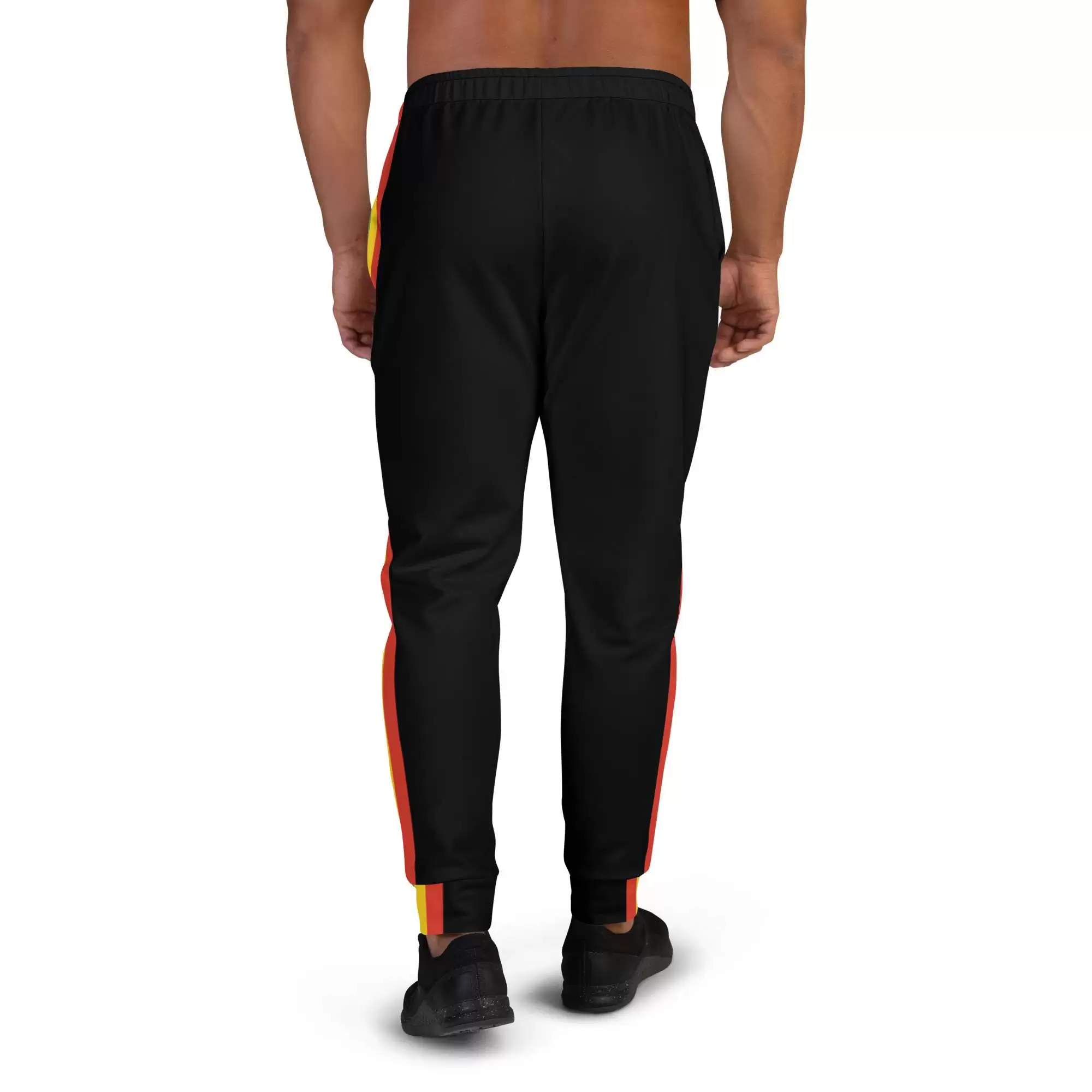 Rasta Stripe Men's Joggers back view in black with a red gold and green stripe down the outside leg. Original men's shirts, tanks, t-shirts.