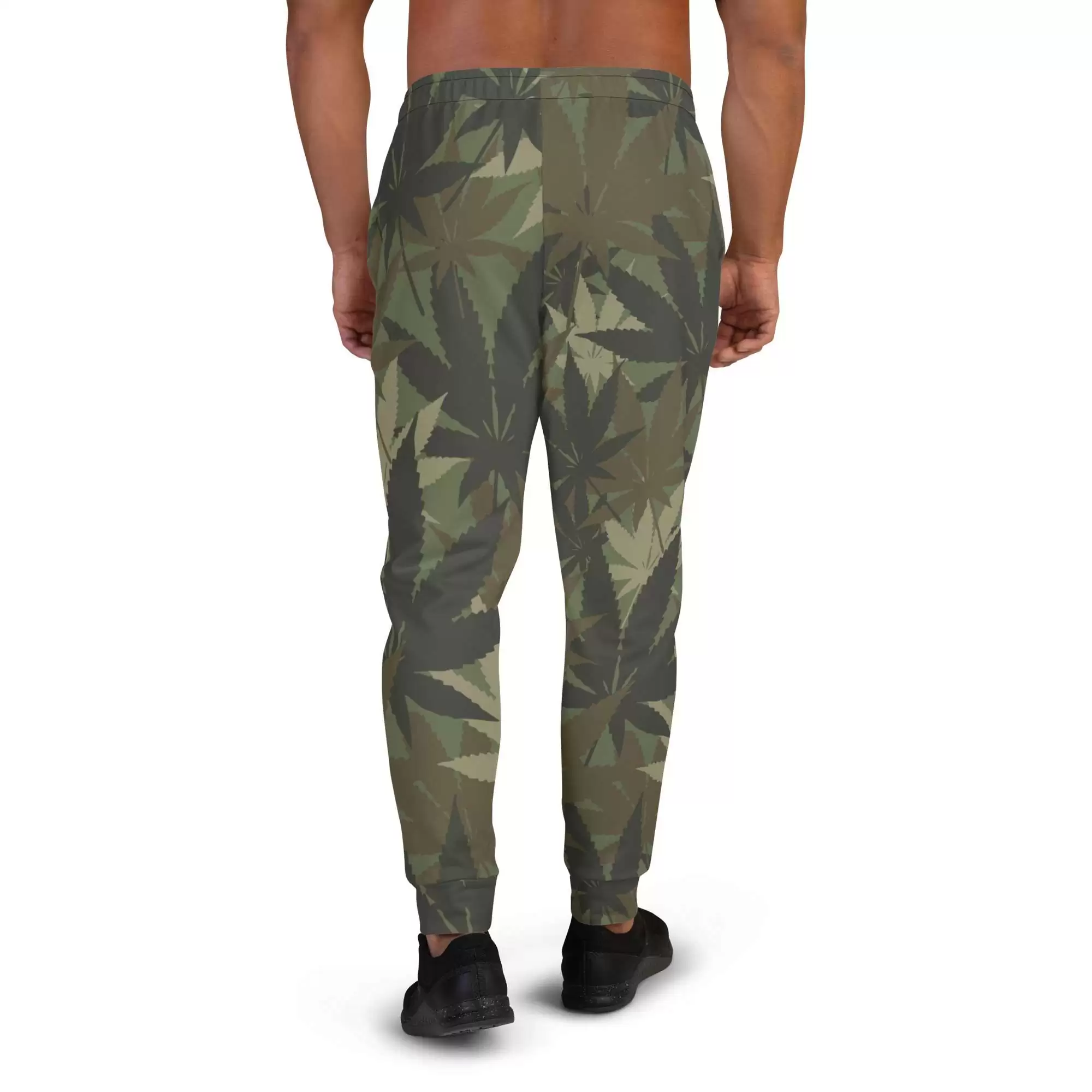 Hemp Leaf Print Men's Joggers in camouflage design back view. Mens, women's and kids clothing and original merchandise at our Rasta store.