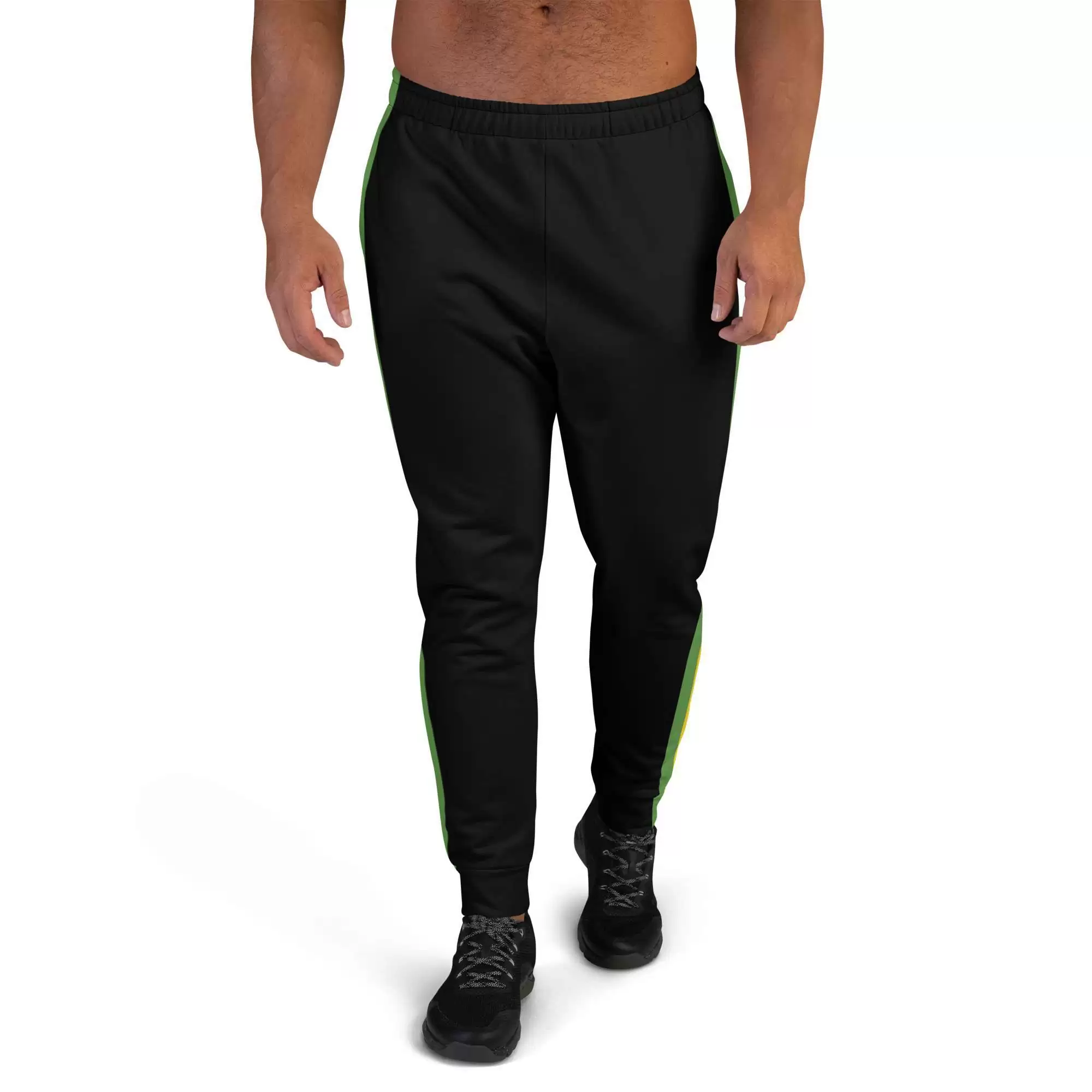 Rasta Stripe Men's Joggers front view in black with a red gold and green stripe down the outside leg. Original men's shirts, tanks, t-shirts.