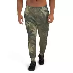 Hemp Leaf Print Men's Joggers in camouflage design front view. Mens, women's and kids clothing and original merchandise at our Rasta store.
