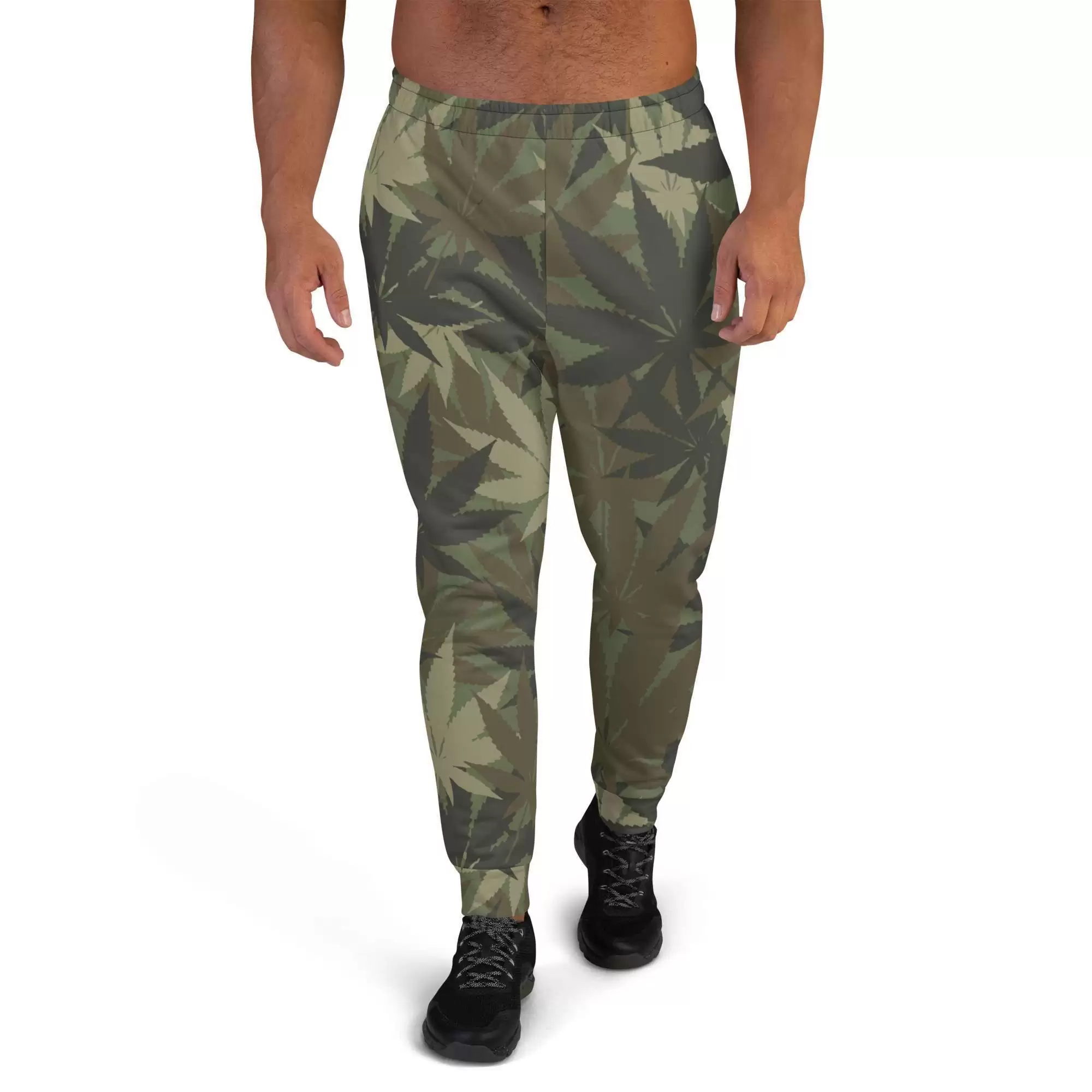 Hemp Leaf Print Men's Joggers in camouflage design front view. Mens, women's and kids clothing and original merchandise at our Rasta store.