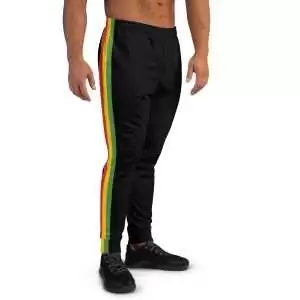 Rasta Stripe Men's Joggers right side view in black with a red gold and green stripe down the outside leg. Original men's shirts, tanks, t-shirts.