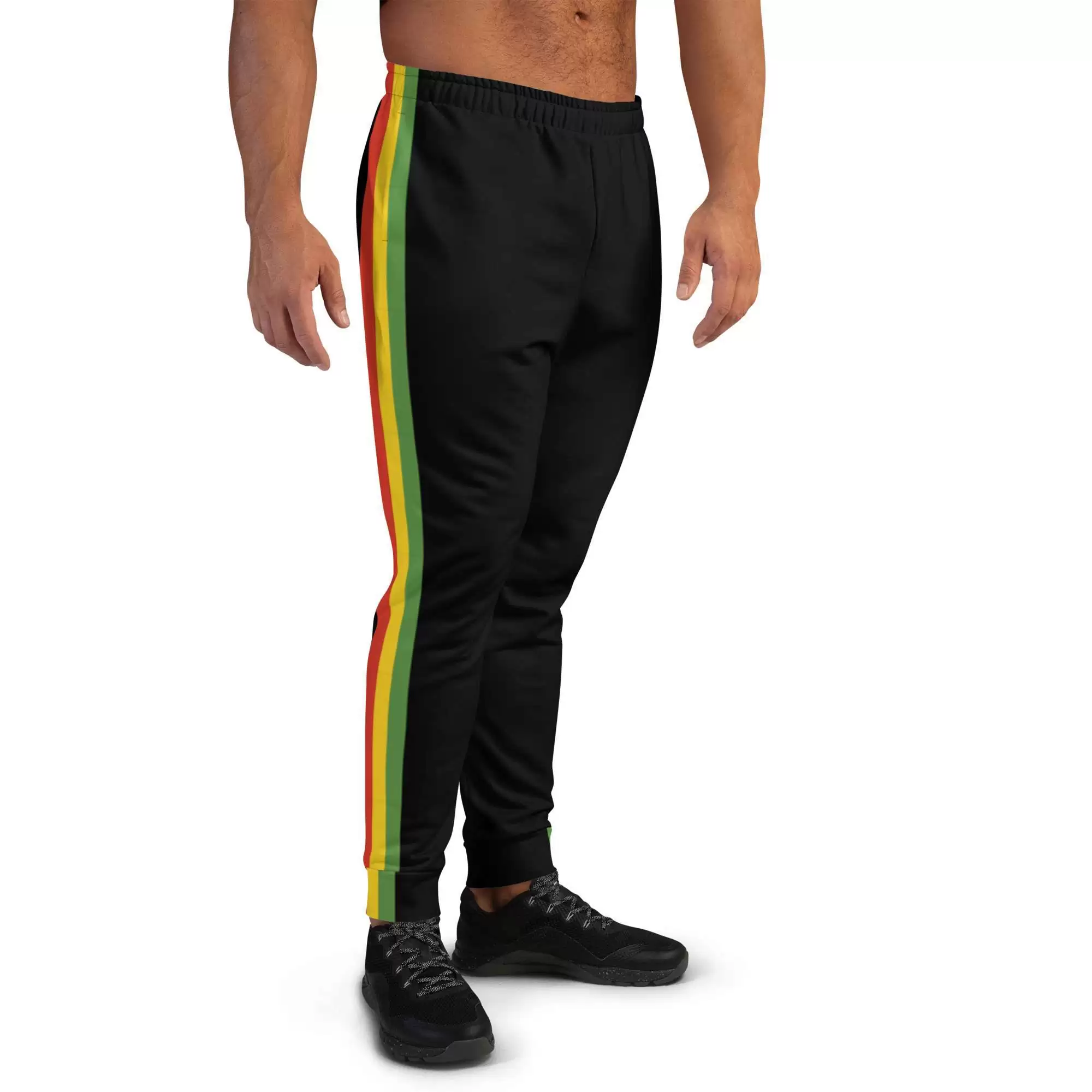 Rasta Stripe Men's Joggers right side view in black with a red gold and green stripe down the outside leg. Original men's shirts, tanks, t-shirts.