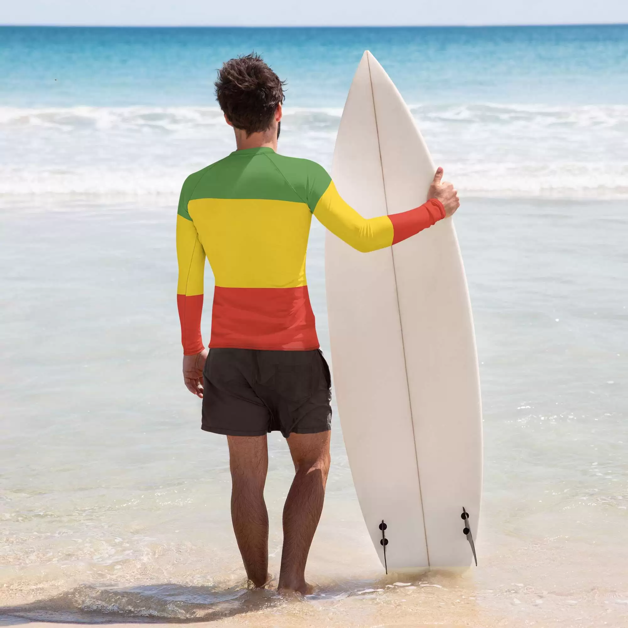 Rasta Men's Rash Guard back view in Red gold and green. Quality rashie to protect you from sun and board rash. Surf all day. Available at Rastaseed shop.