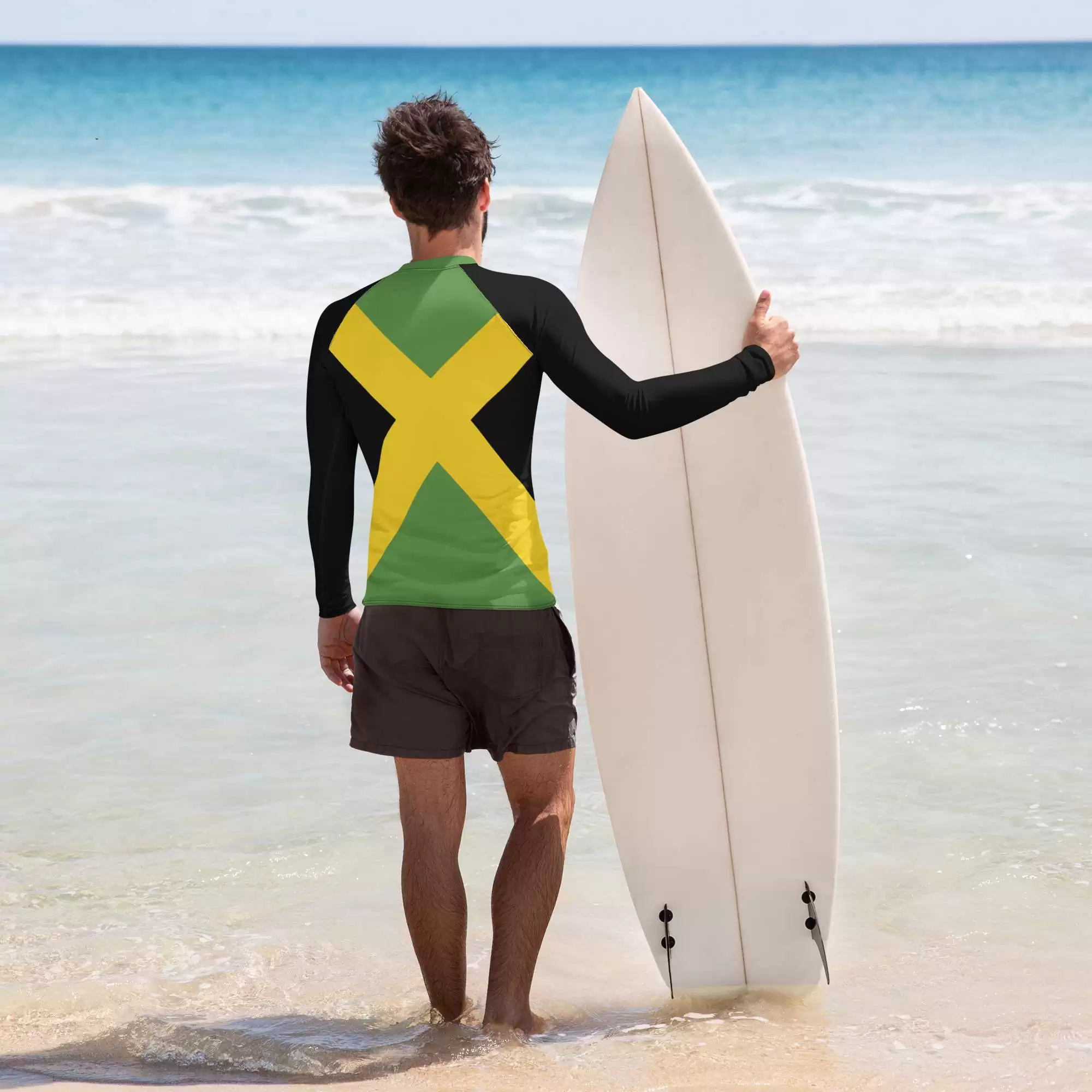 Jamaican Flag Men's Rash Guard back view in Jamaica colors. Surf all day in this rashie from Rasta Jamaican online clothing and accessory shop.
