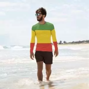 Rasta Men's Rash Guard in Red gold and green. Quality rashie to protect you from sun and board rash. Surf all day. Available at Rastaseed shop.
