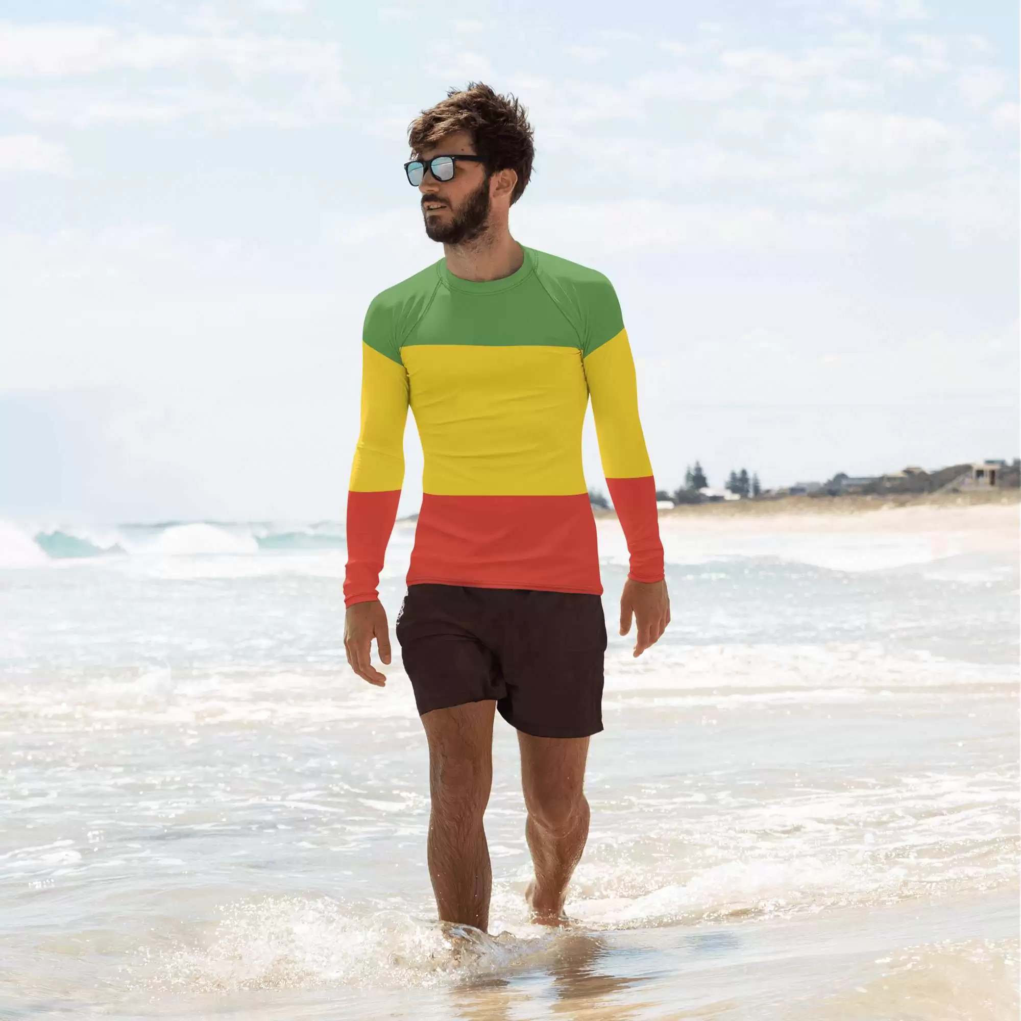 Rasta Men's Rash Guard in Red gold and green. Quality rashie to protect you from sun and board rash. Surf all day. Available at Rastaseed shop.