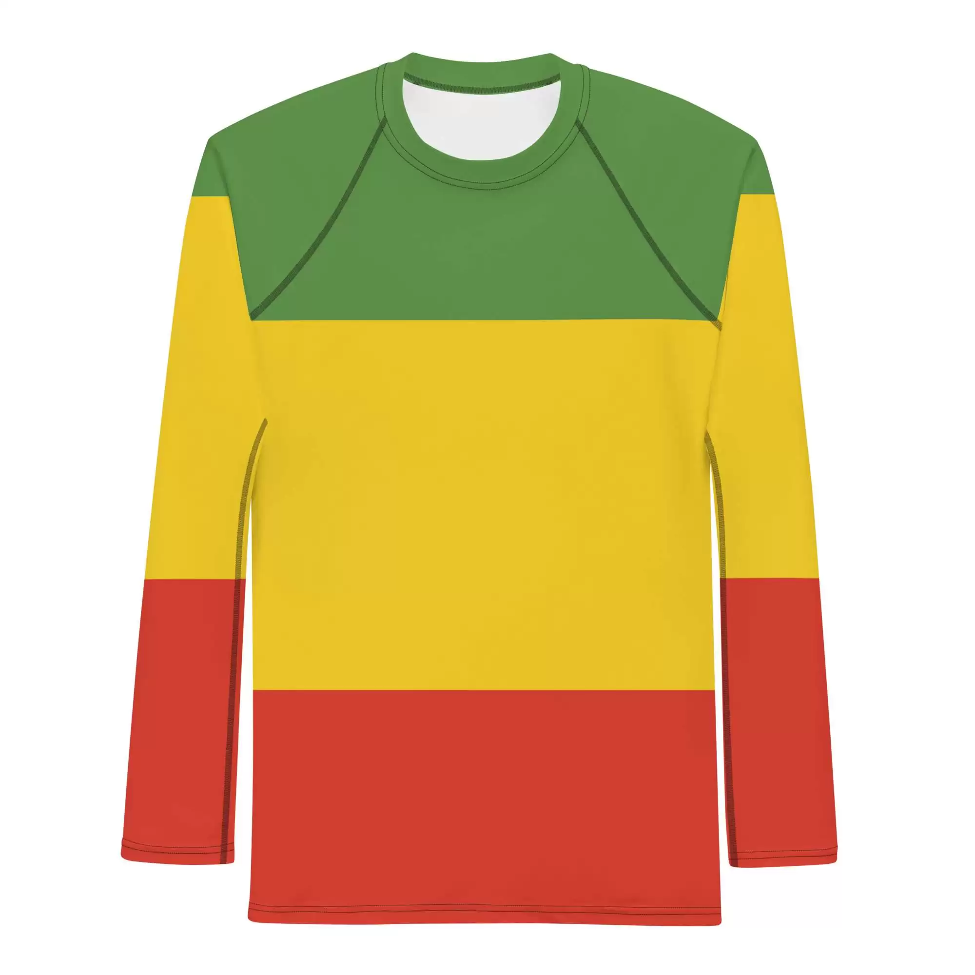 Rasta Men's Rash Guard front view in Red gold and green. Quality rashie to protect you from sun and board rash. Surf all day. Available at Rastaseed shop.