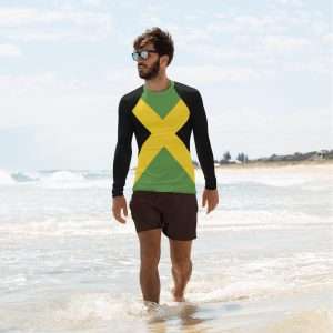 Jamaican Flag Men's Rash Guard in Jamaica colors. Surf all day in this rashie from Rasta Jamaican online clothing and accessory shop.