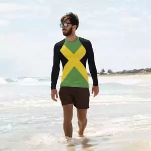 Jamaican Flag Men's Rash Guard in Jamaica colors. Surf all day in this rashie from Rasta Jamaican online clothing and accessory shop.