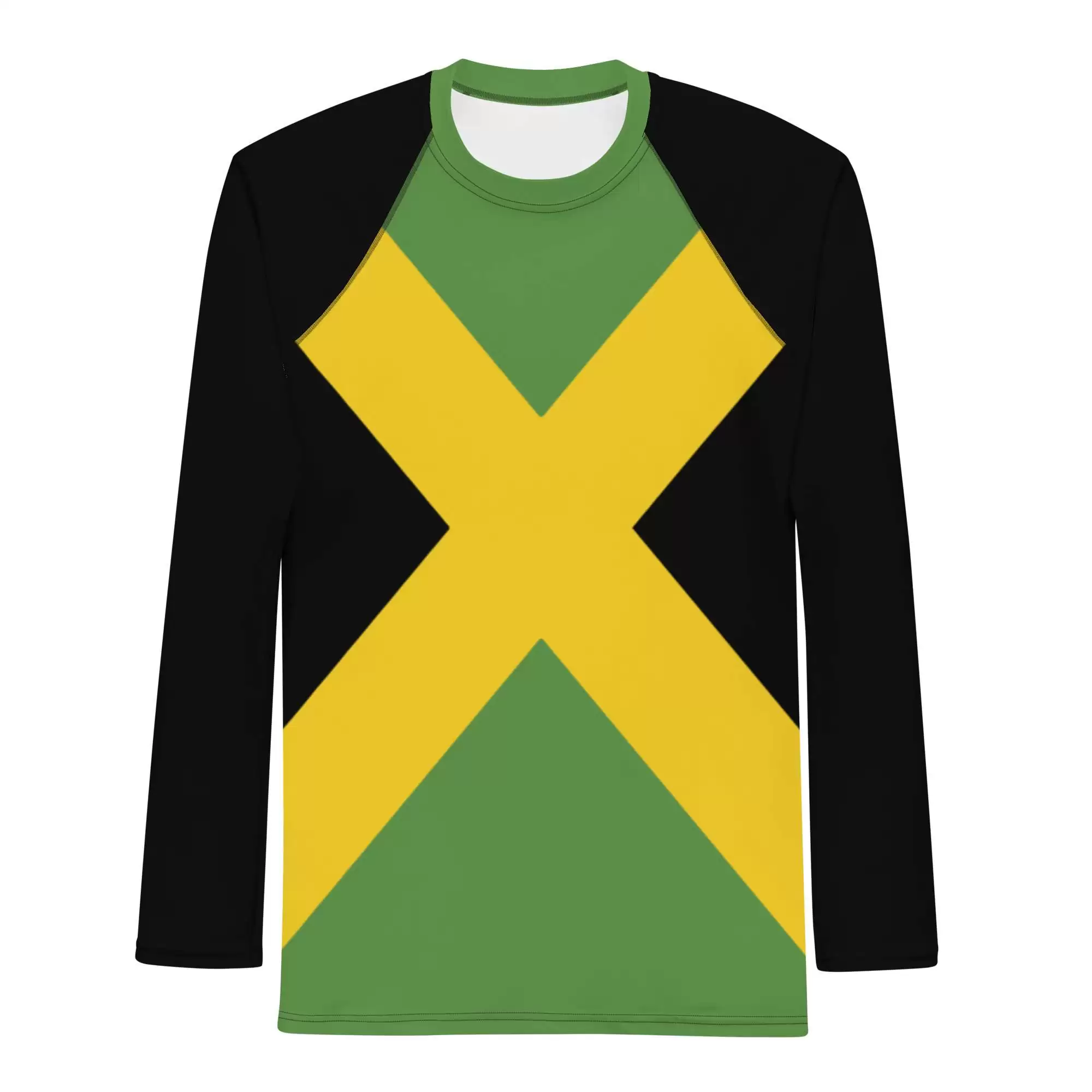 Jamaican Flag Men's Rash Guard front view in Jamaica colors. Surf all day in this rashie from Rasta Jamaican online clothing and accessory shop.