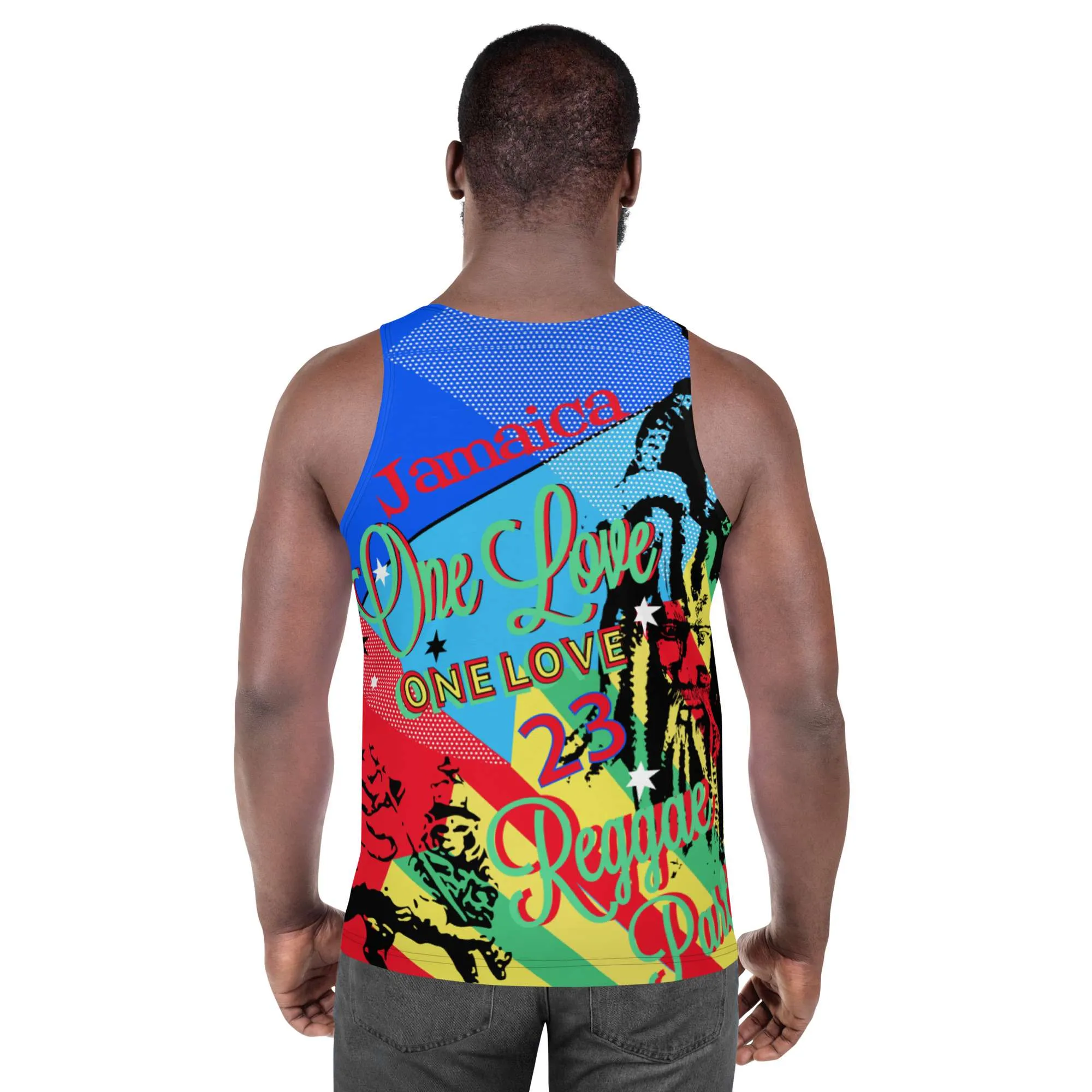 One Love Reggae Rasta Party Tank Top back view in vibrant fun colors. Unique unisex design for your next Dance Party available at Rastaseed Clothing Shop