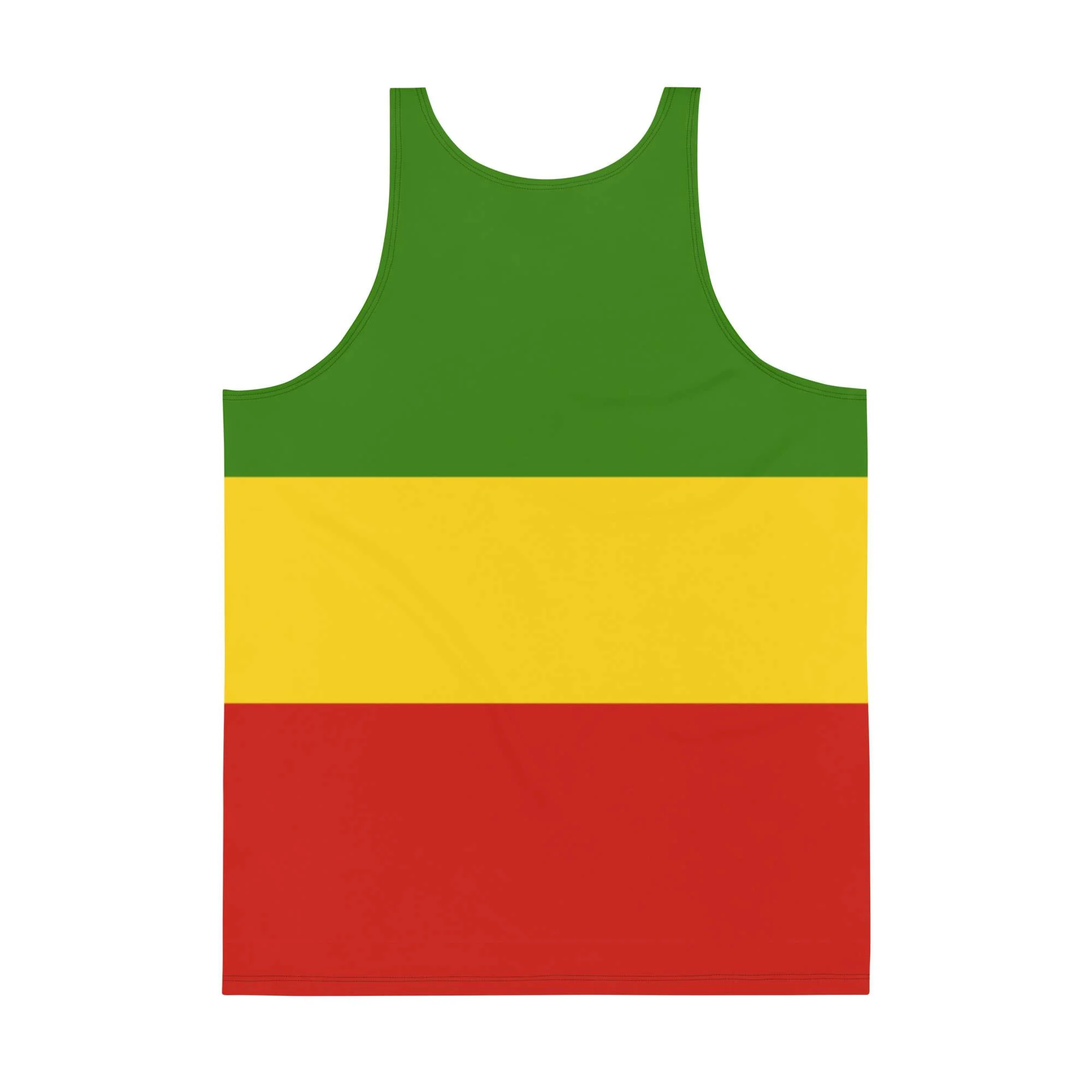 Conquering Lion of Judah Tank Top back view in Rasta colors with Lion of Judah design on the front. Soft fabric and relaxed fit to make you feel cool in Summer.