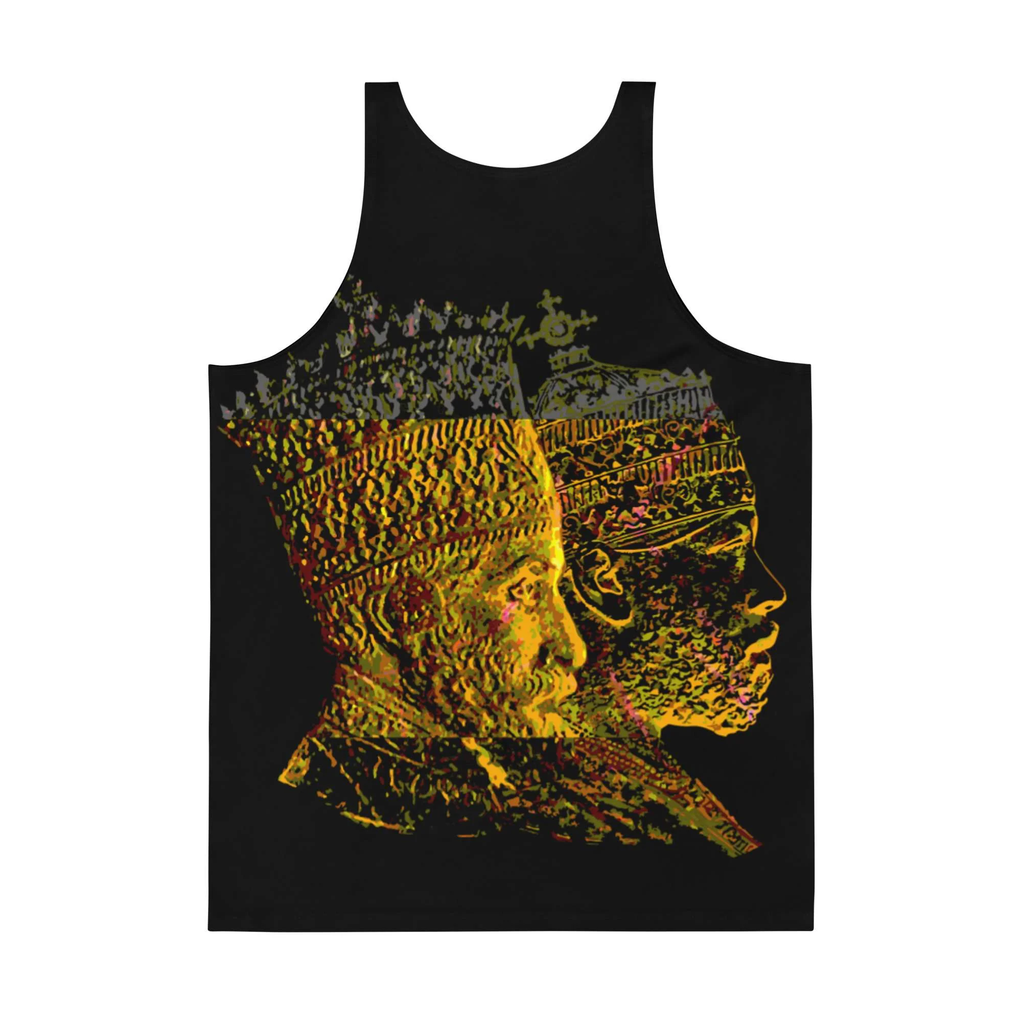 Selassie Menelik Tank Top back view in mystical design. Soft fabric and relaxed fit to make you feel cool and comfortable in hot weather.