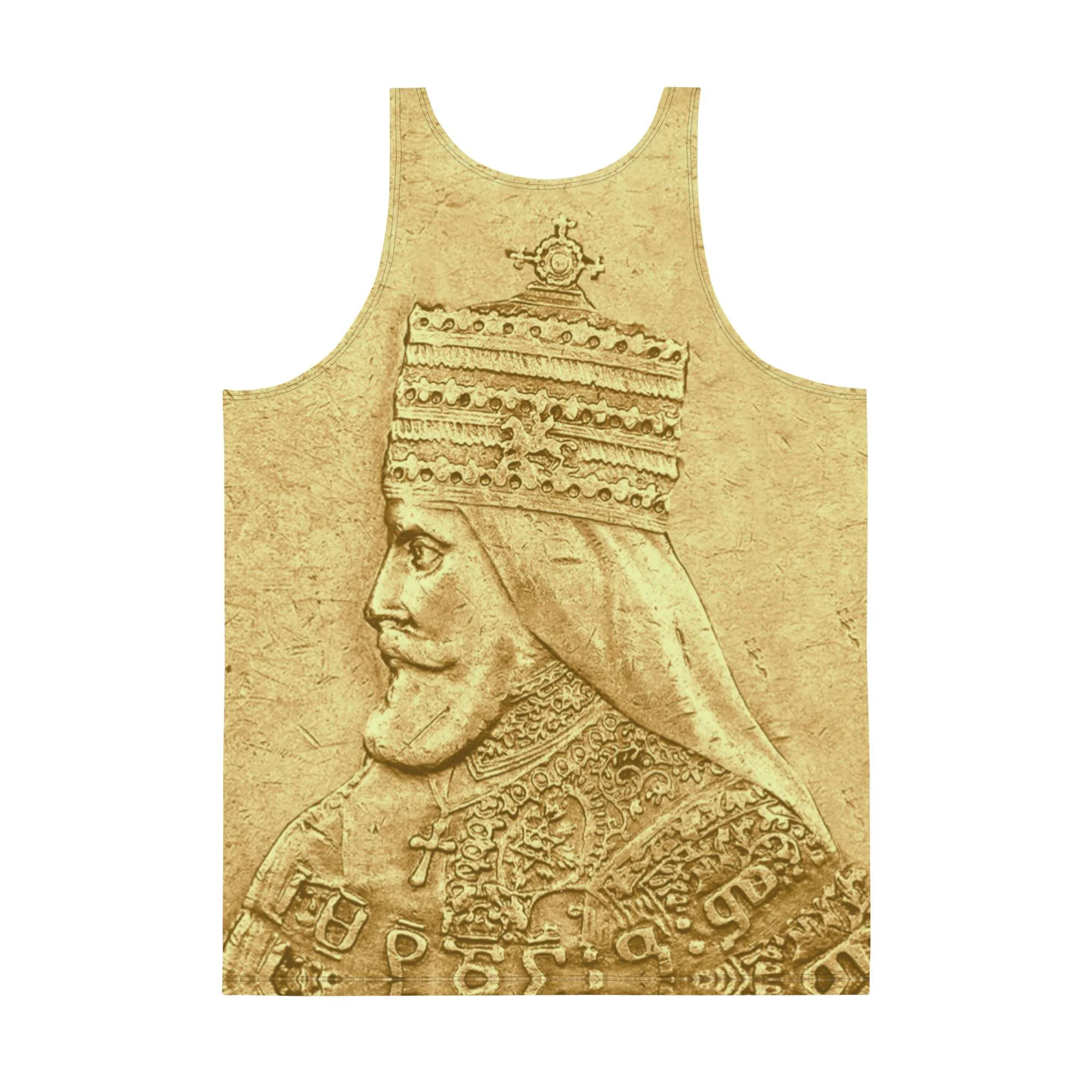 Haile Selassie Ancient Amharic Tank Top back view in soft fabric and relaxed fit. Rastaseed Rastafarian Jamaican and Reggae merchandise.