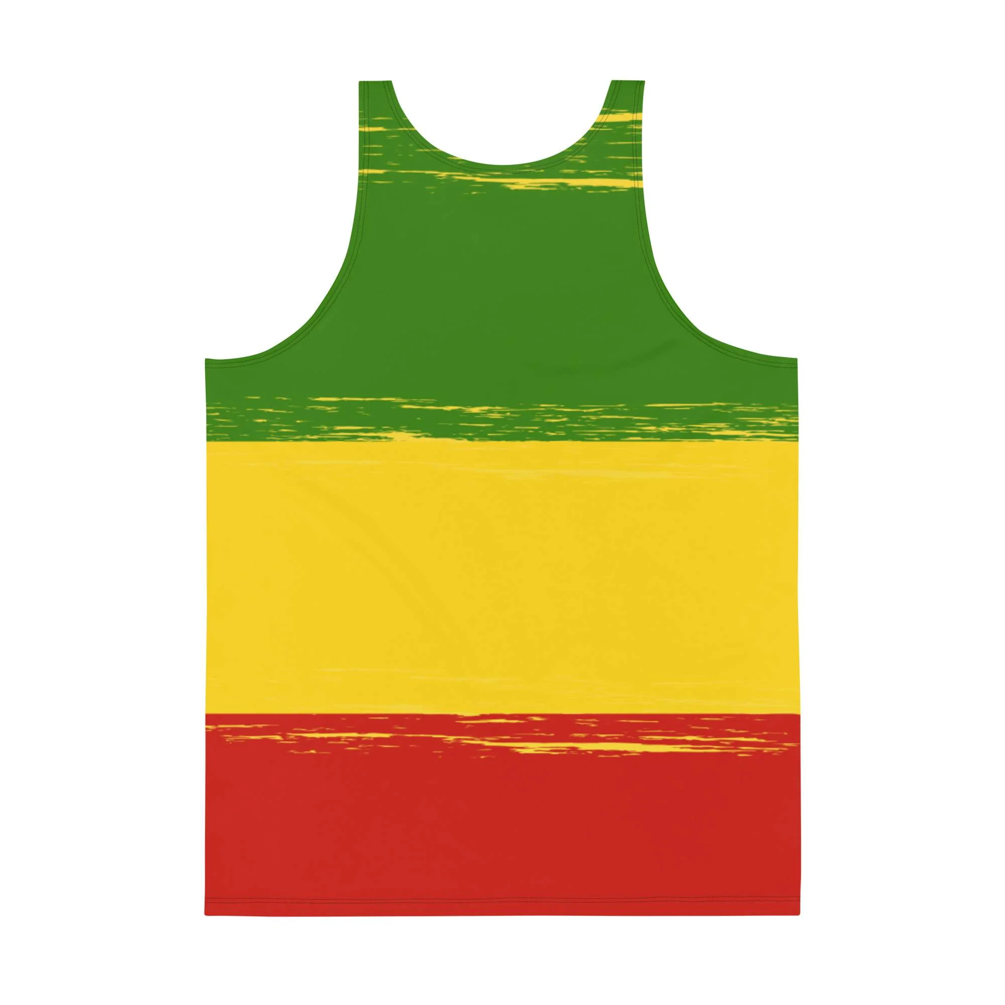 Rasta Tank Top back view in Rastafarian colors with Lion of Judah design. Soft fabric and relaxed fit will make you cool and comfortable in hot weather.