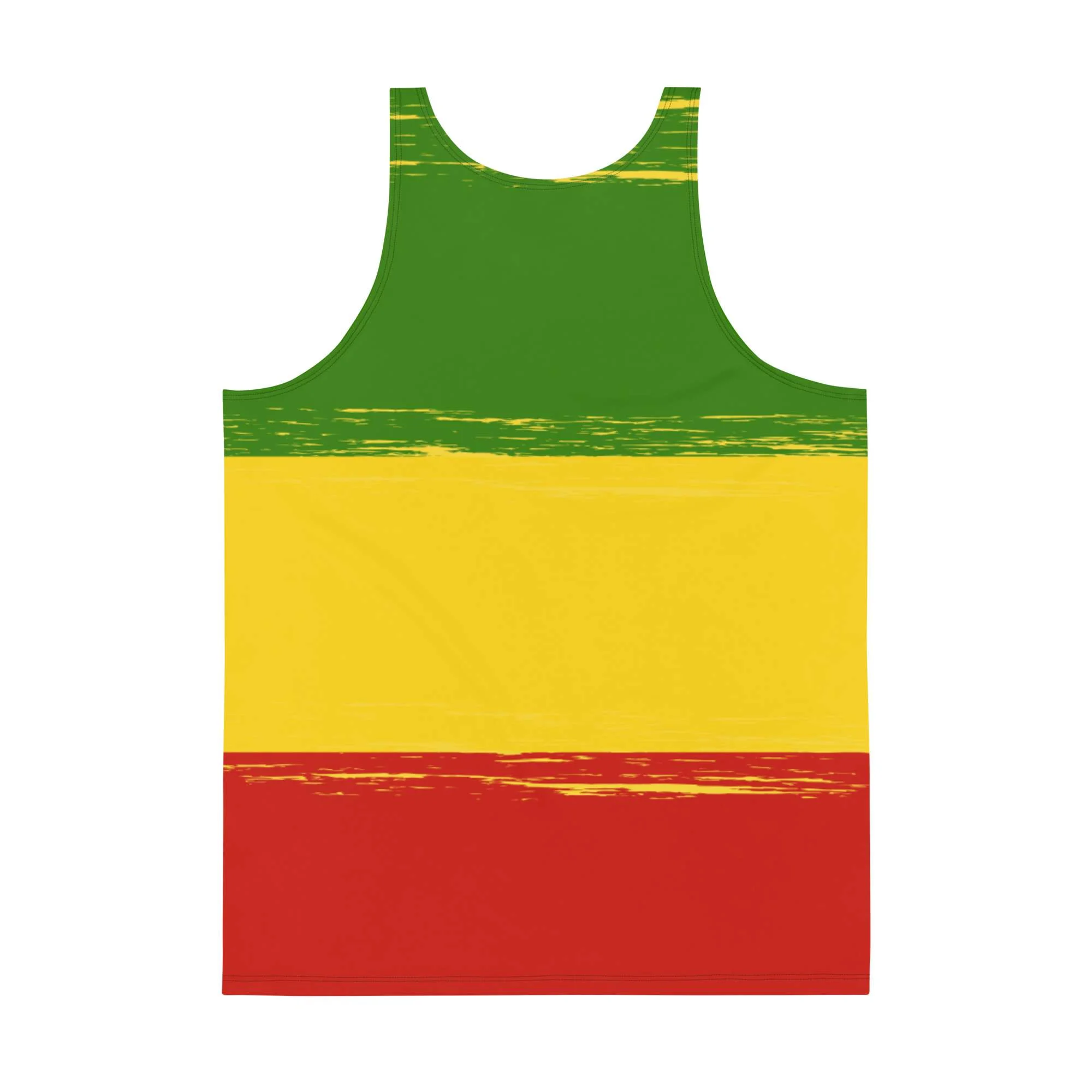 One Love Tank Top back view in Rasta colors. Soft fabric and relaxed fit will feel cool and comfortable in Summer weather. Rastaseed merchandise and clothing.