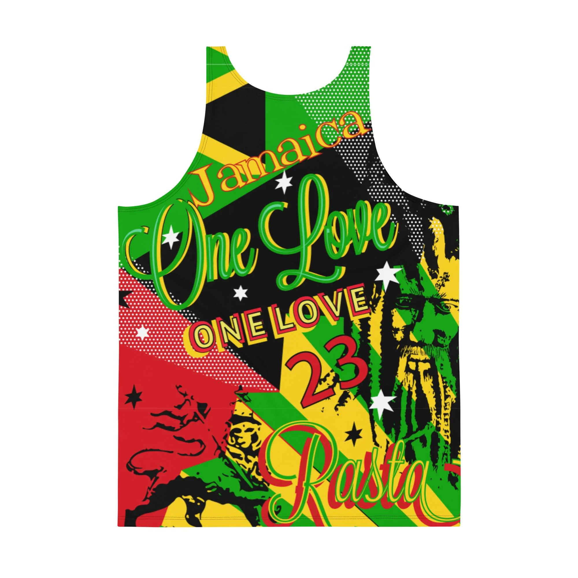 Jamaican Reggae Rasta Tank Top back view in vivid colors and cool graphic design. Soft fabric and relaxed fit at Rastaseed merchandise and clothing.