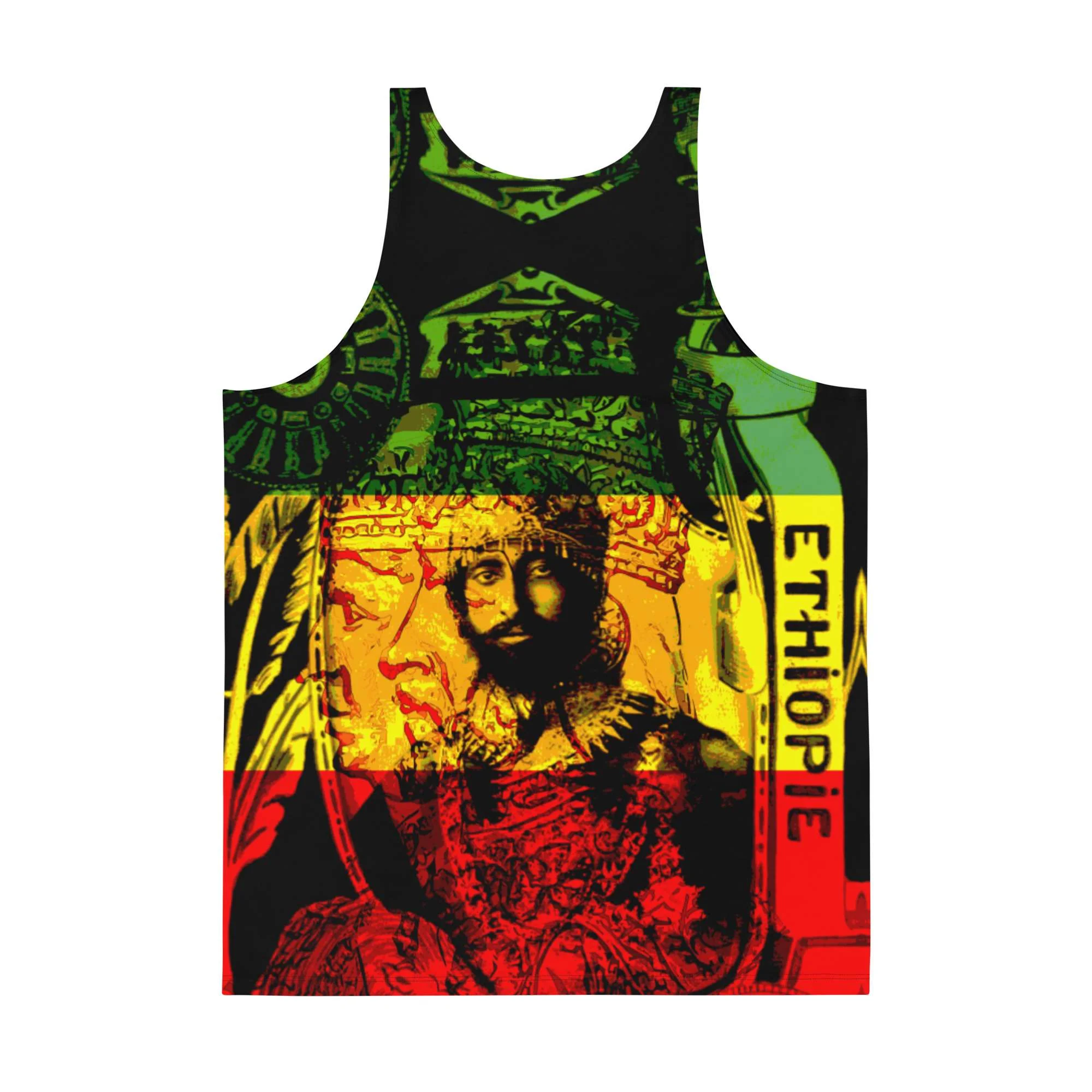 Natural Mystic Haile Selassie Tank Top back view in soft fabric with relaxed fit. Feel cool and comfortable in Summer. Rastaseed Jamaican Rasta merchandise.