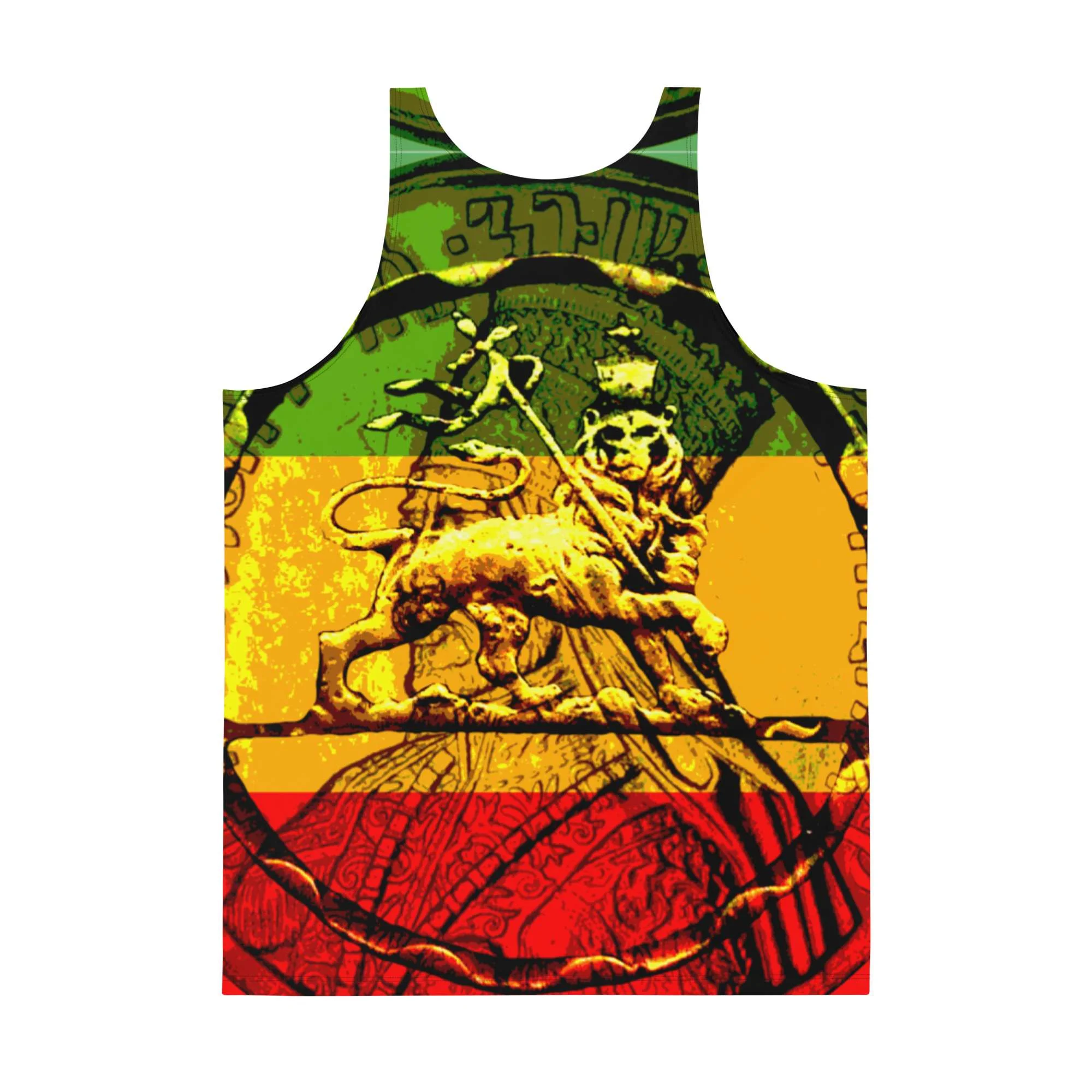 Lion of Judah Tank Top back view in Rasta colors and vibrant design. Rastaseed original merchandise clothing accessories shoes and gear.