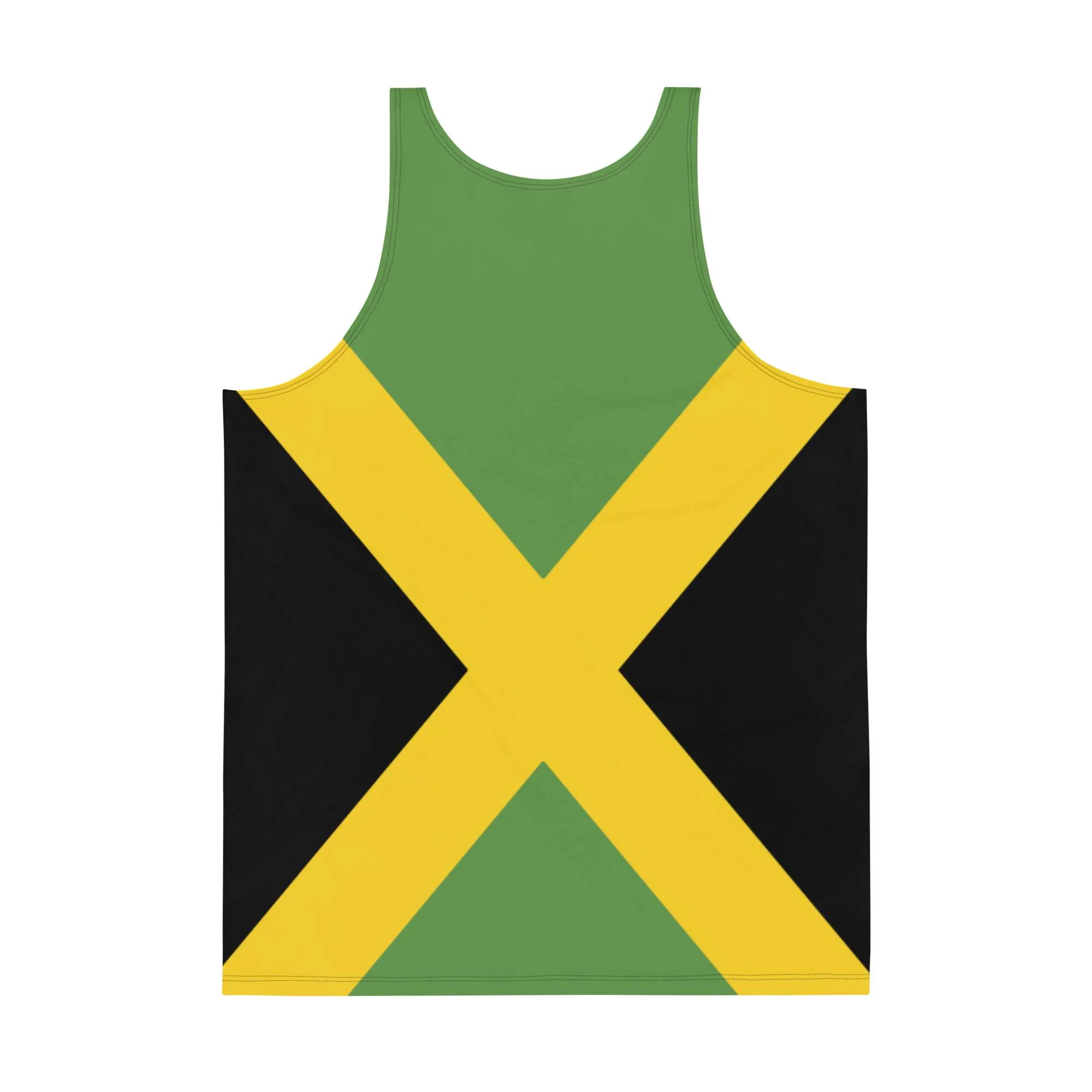 Jamaican Flag Tank Top back view soft fabric and relaxed fit. Rastaseed Jamaican, Rastafarian, and Reggae merchandise, clothing, accessories and shoes.