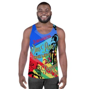 One Love Reggae Rasta Party Tank Top front view in vibrant fun colors. Unique unisex design for your next Dance Party available at Rastaseed Clothing Shop