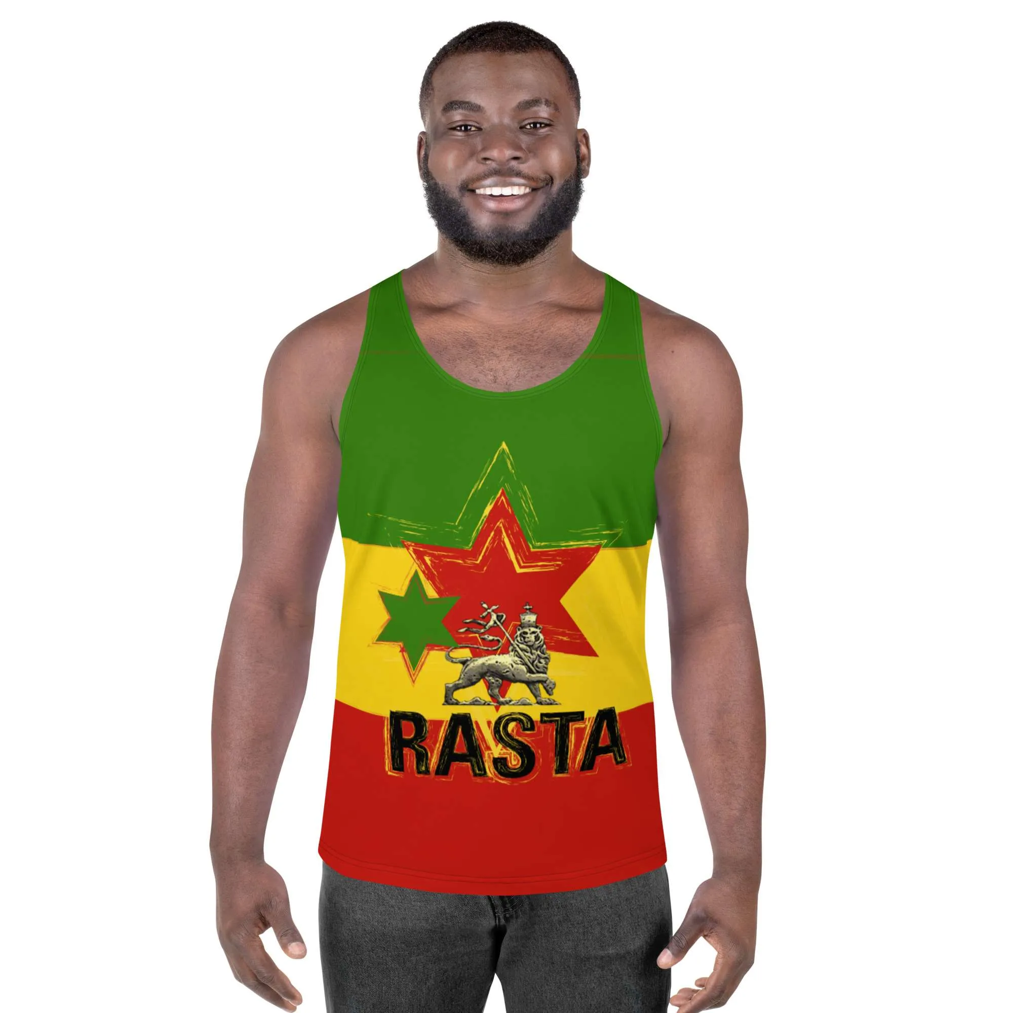 Lion Star Rasta Tank Top male model front view in Rasta colors. Soft fabric and relaxed fit will keep you cool in Summer weather. Rastaseed Jamaican Rastafarian merchandise.