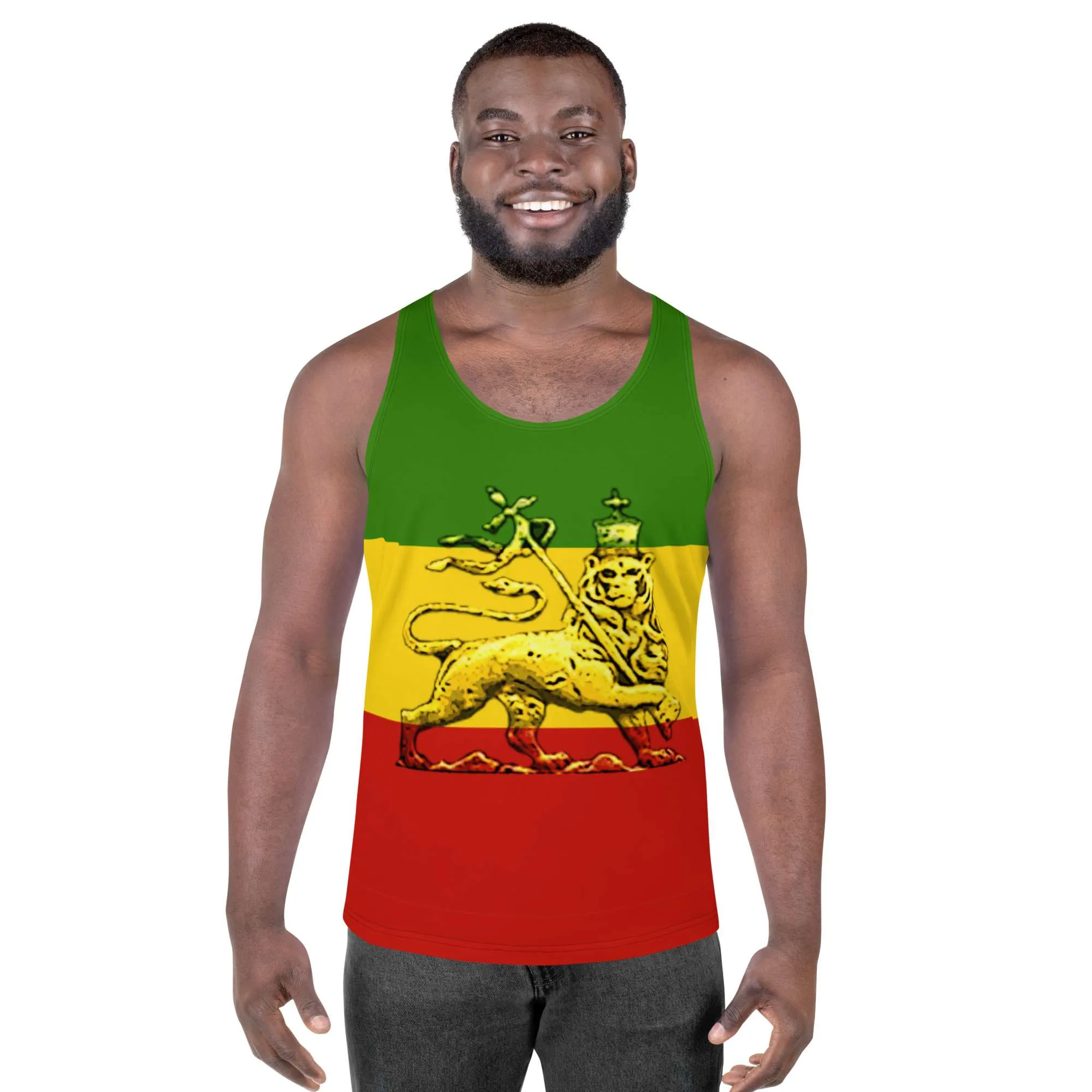 Conquering Lion of Judah Tank Top male model front view in Rasta colors with Lion of Judah design on the front. Soft fabric and relaxed fit to make you feel cool in Summer.