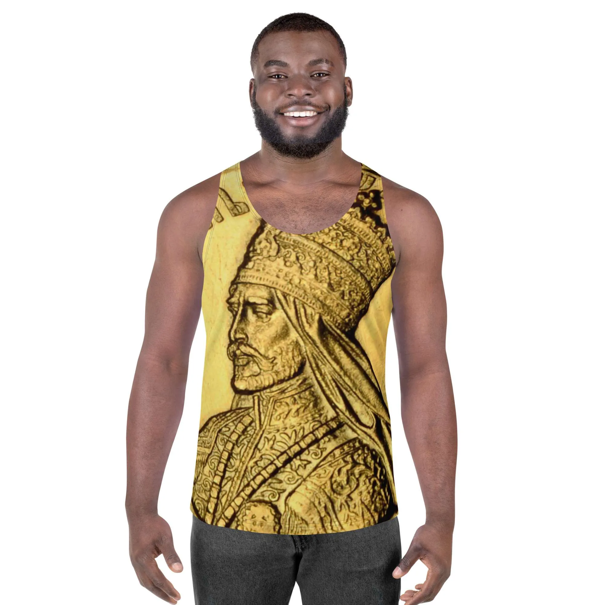 Selassie I Tank Top male model front view in soft fabric with a relaxed fit. Rastaseed Jamaican Rastafarian and Reggae merchandise clothing and accessories.