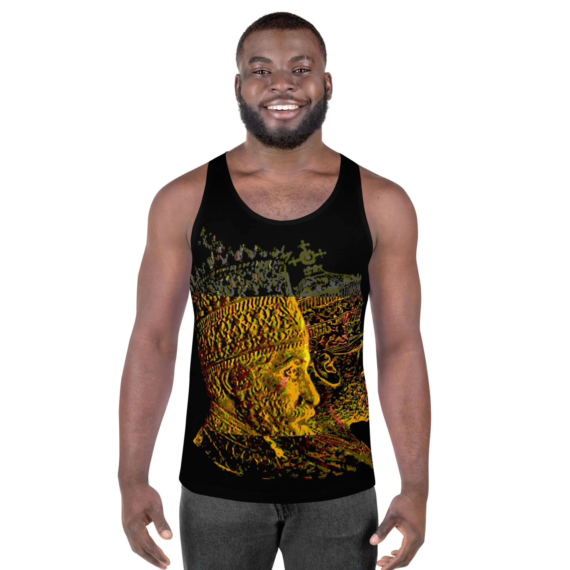 Selassie Menelik Tank Top male model front view in mystical design. Soft fabric and relaxed fit to make you feel cool and comfortable in hot weather.
