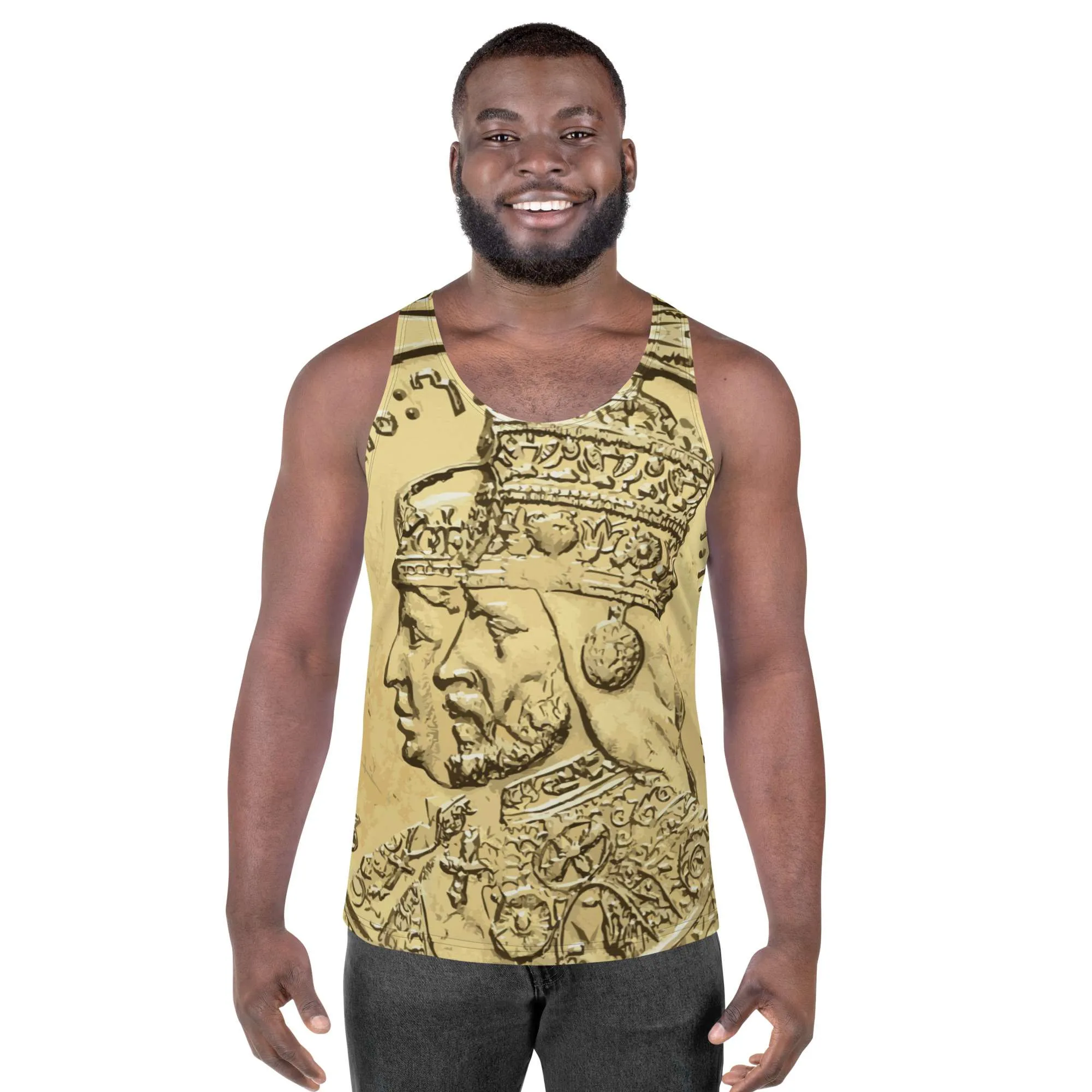 Haile Selassie Empress Menen Tank Top male model front view in original Rastaseed design. Soft fabric and relaxed fit for hot weather. Rastaseed merchandise and clothing.